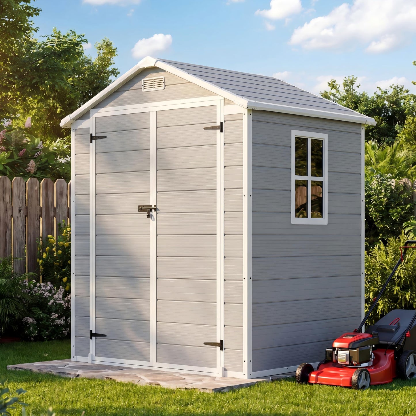 Patiowell 6x4 FT Resin Outdoor Storage Shed with Floor, Plastic Storage Shed with Lockable Door, Outside Shed Perfect to Store Patio Furniture, GardenTools Bike Accessories, Lawn Mower, Light Gray
