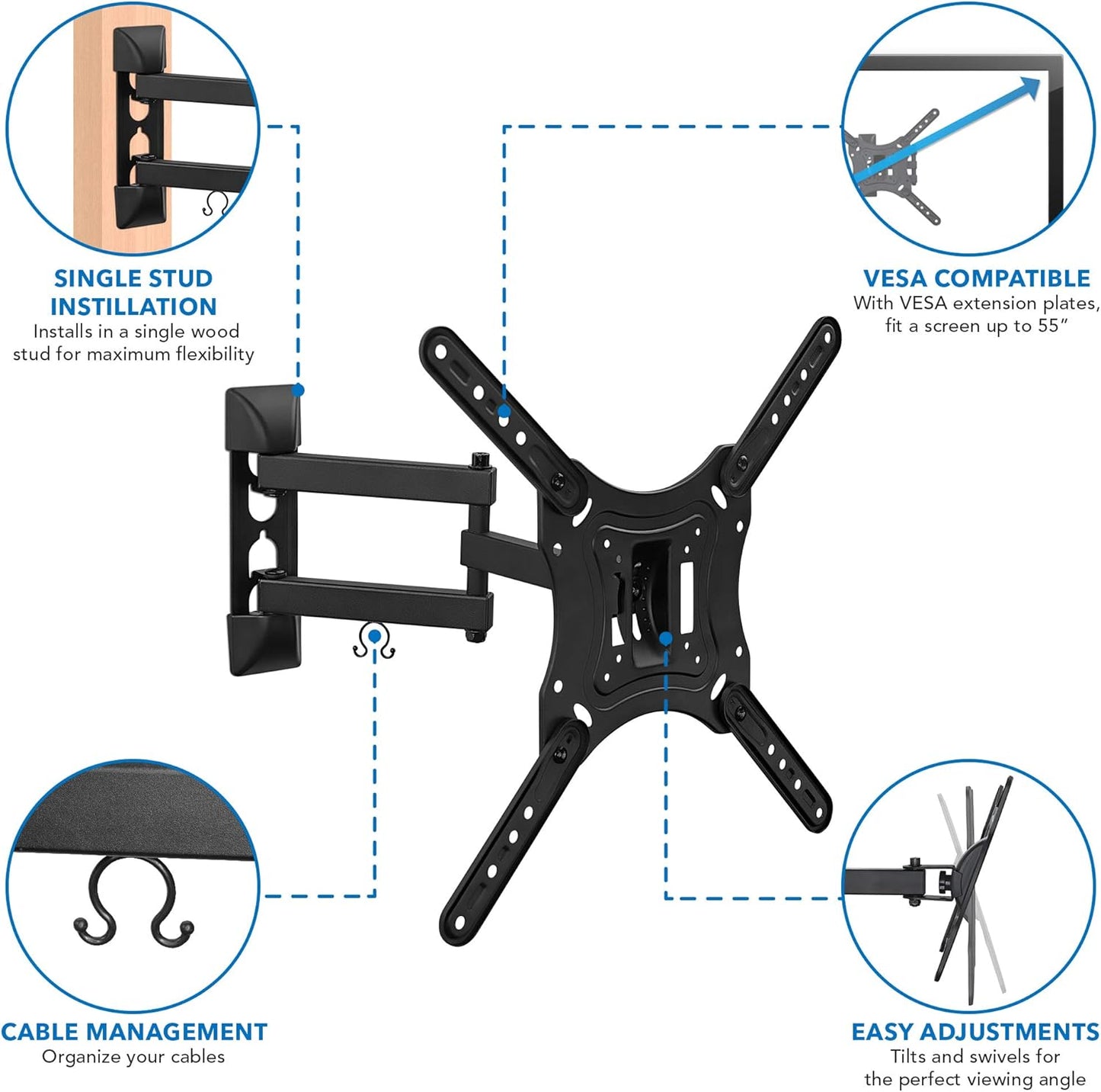Mount-It! 2355 Inch 15.6 75x75 400x400 66 lb Full Motion Articulating TV Wall Mount for LED LCD OLED Flat Screen TVs |