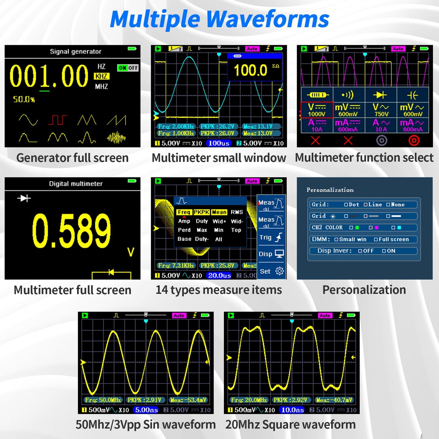 LCD Handheld Digital Oscilloscope Kit - 2 Channel 3.2" TFT Multimeter Oscilloscope Signal Generator Mini Automotive Oscilloscope Bandwidth 120Mhz Digital Oscilloscopes Portable 250MSa/s Sampling Rate