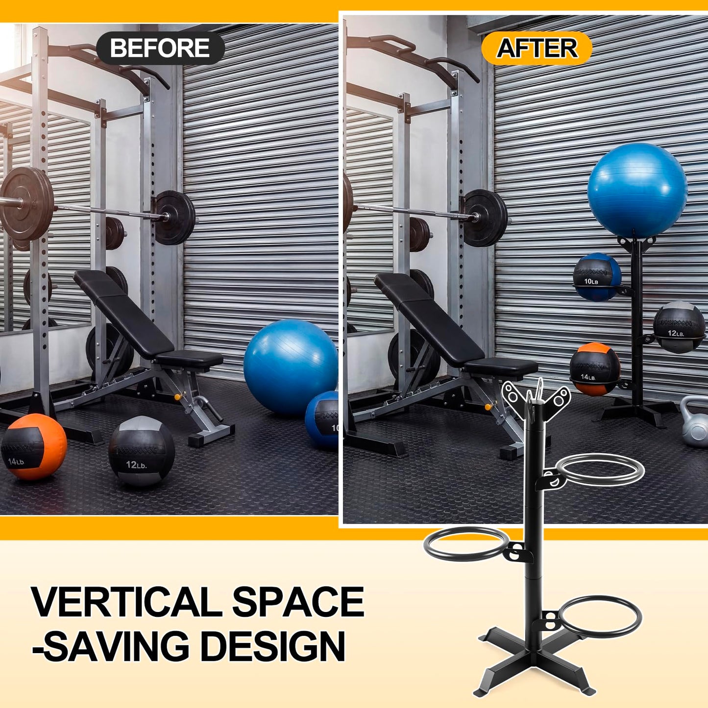 Zonon Medicine Ball Rack for Home Gym, 4-Tier Vertical Storage Stand with 360° Rotating Rings, 4 Balls Heavy Duty Steel Organizer for Yoga, Slam Wall Balls, Space Saving Gym Equipment Storage, Black