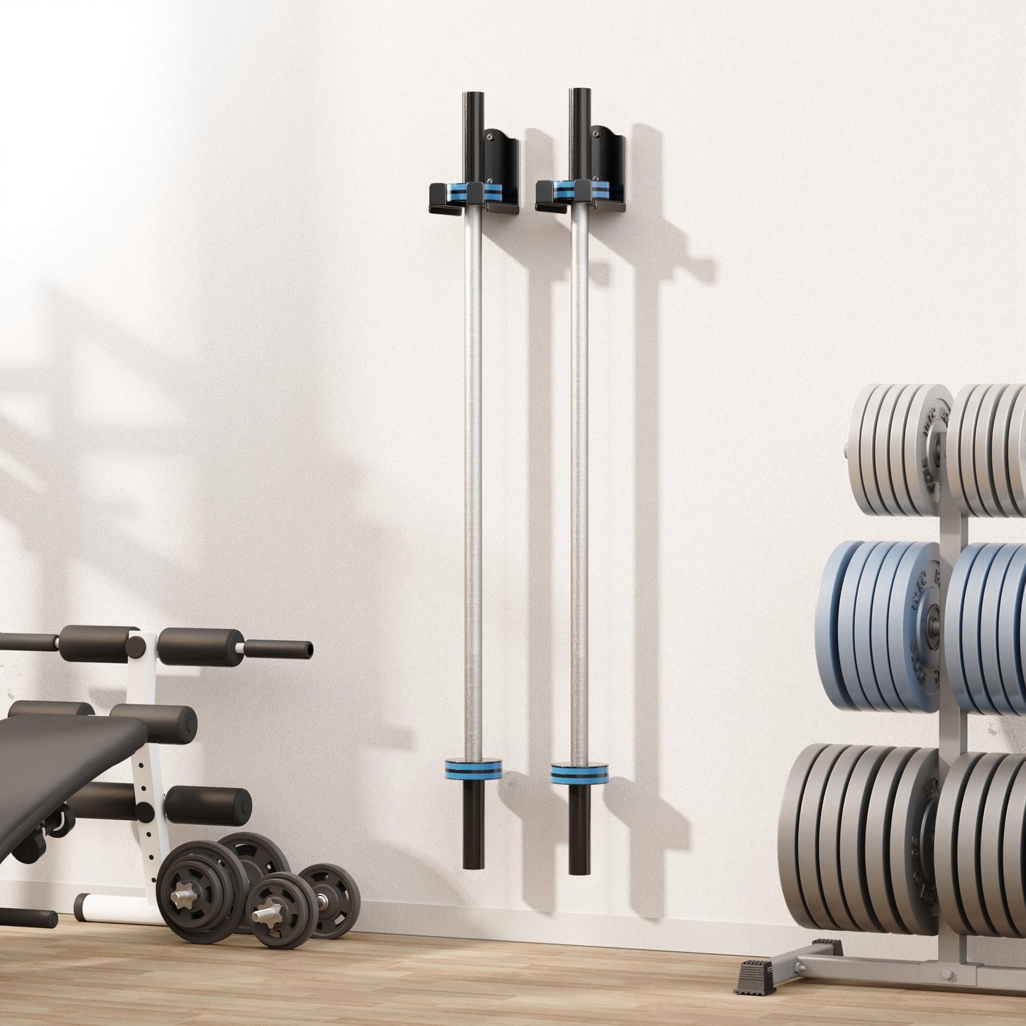 Olympic Barbell Wall Rack Holder - Heavy Duty 66lbs Weight Storage Mount with EVA Pads, Fits Wood Brick Concrete Walls, Space Saving Home Gym Equipment Organizer, 1 hook