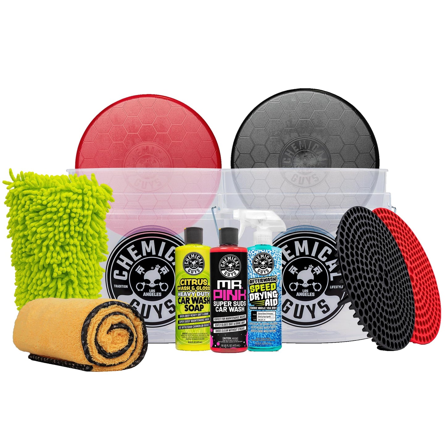 Chemical Guys Two Car Wash Bucket Kit with Dual Dirt Trap Filters, Chenille Wash Mitt, Mr. Pink, Citrus Wash, After Wash, and Drying Towel - 11 Items - Two Bucket Method Complete Setup