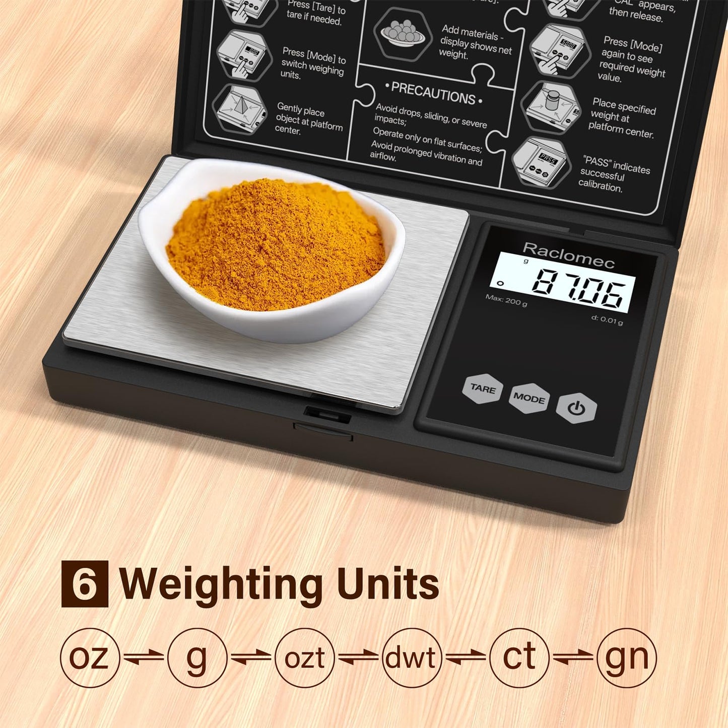 Raclomec Digital Gram Scale 200g x 0.01g Jewelry Scale, Gram, Ounce, Carat, Grain, for Food, Ingredients, Gemstone, Gold Coin, Spice, Medicine and Powder Weighing