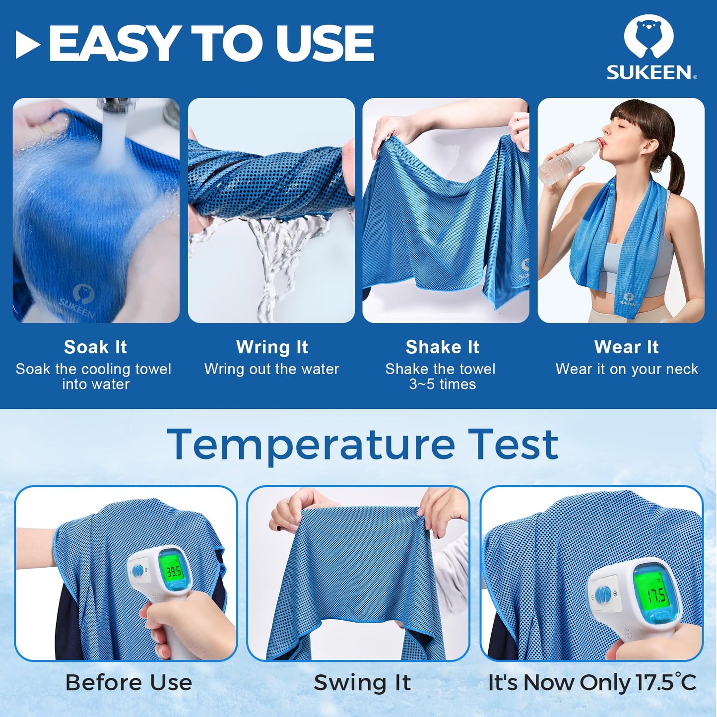 Sukeen Cooling Towels 6 Pack (40"x12"), Cooling Towels for Neck and Face, Quick Dry Sport Camping Cooling Towel, Cold Towel for Hot Weather
