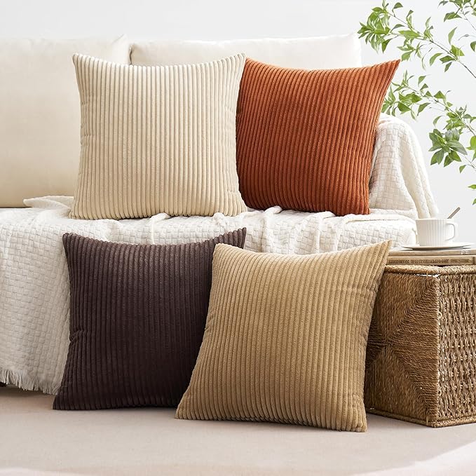 MIULEE Boho Farmhouse Throw Pillow Covers 20x20 Inch Set of 4 Rustic Mordern Neutral Cushion Covers Soft Corduroy Nordic Home Decor for Couch Bed Sofa Living Room Chocolate Brown/Rust
