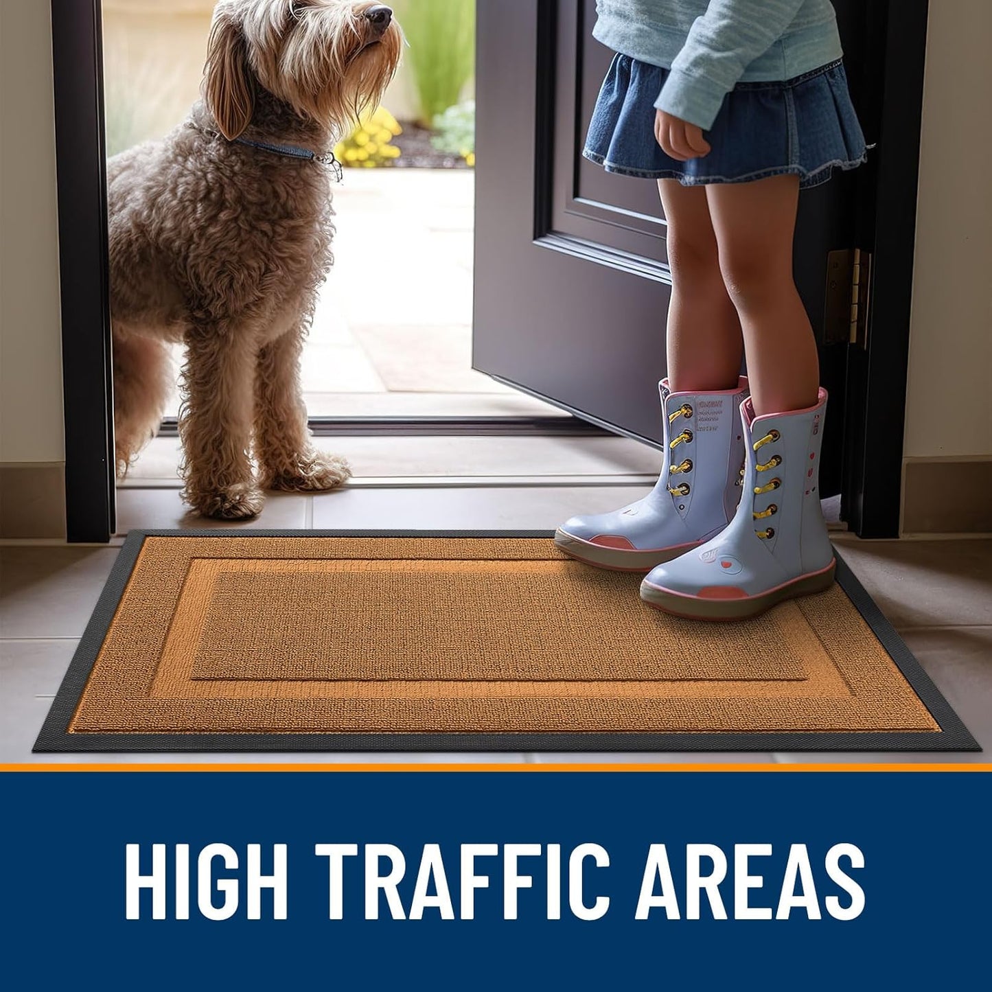 OLANLY Indoor Outdoor Front Door Mat - Waterproof All-Season Doormat, Sturdy Natural Rubber, 47x23, Tangerine Orange