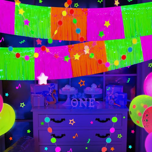 Mega-L Glow in The Dark Party Supplies, 4 Pack Foil Fringe Garland Birthday Party Decorations 9.8 ft Fluorescent Macaron Orange, Yellow and Fuchsia Metallic Tinsel Banner, Photo Booth Prop Table Skirt