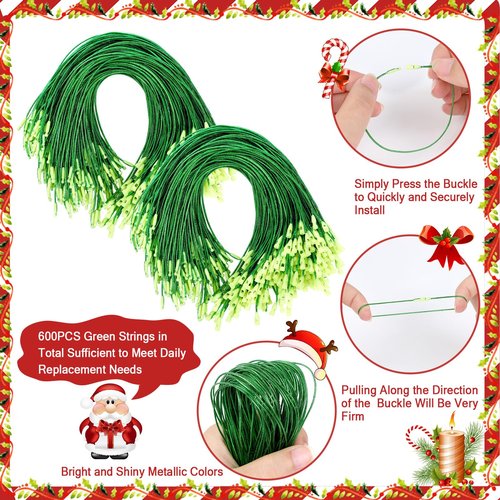 JUNEBRUSHS 600Pcs Christmas Ornament Hooks, Ornament Hangers with Snap Ornament String for Christmas Tree Holiday Party Hanging Decorations Ropes Easy and Fast Locking (Green)