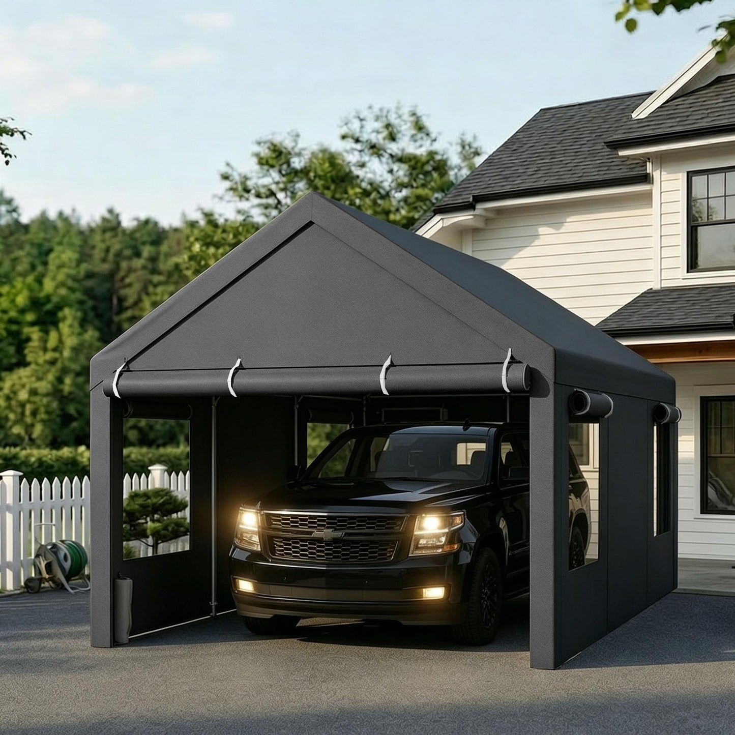 Nuturelly 10x20 FT Carport, Heavy Duty Carport Canopy with Roll-up Windows, Portable Garage with Removable Sidewalls & Doors, Car Canopy with All-Season PE Tarp for Car, Truck, Boat, Gray