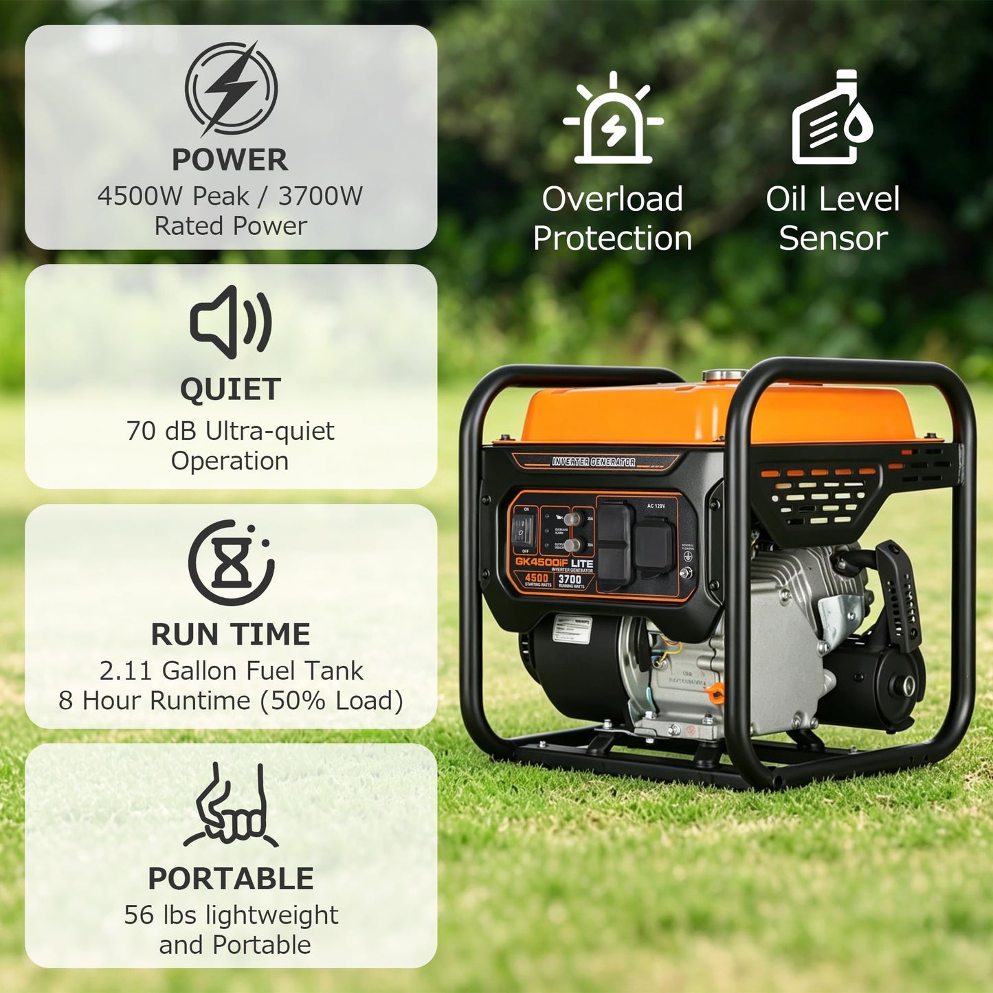 Genkins 4500 Watt Open Frame Inverter Generator 30 Amp Pure Sine Wave Noise Reduced 50% 56lbs EPA complied Gas Powered