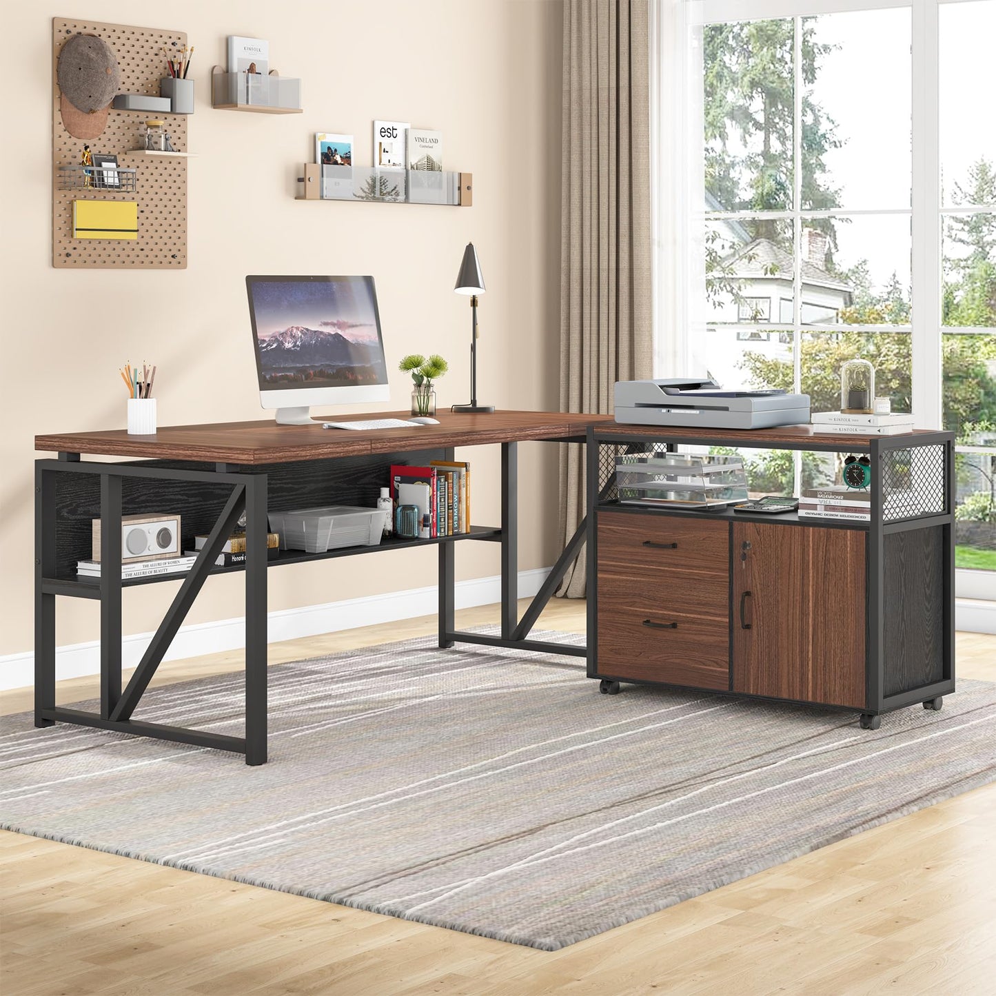 Tribesigns 63" Executive Deskwith Drawer Cabinet, L Shaped Desk and lateral File Cabinet, 2 Piece Home Office Furniture Set with Drawers for Hanging, Doors with Locks (Dark Brown, 63 inches)