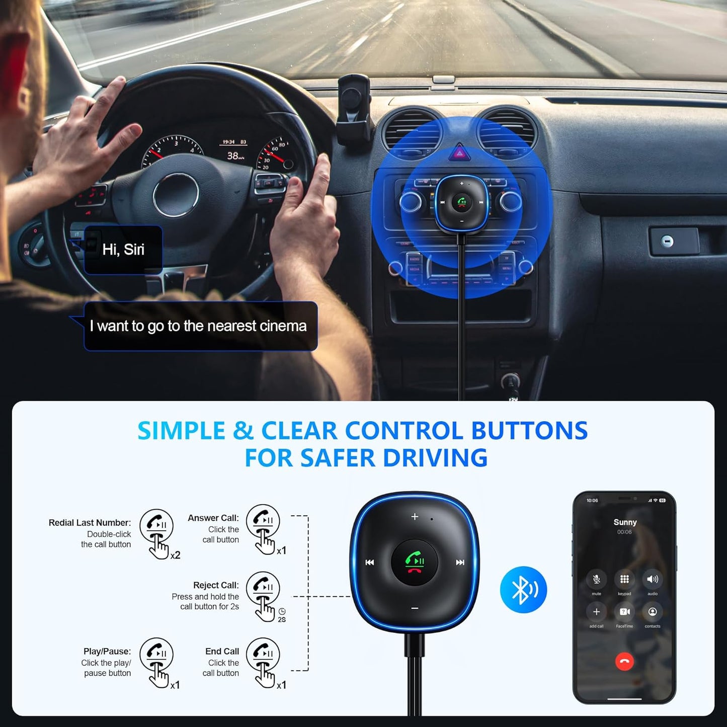 SONRU 5.3 Bluetooth Aux Car Adapter, Bluetooth Receiver for Car [Dual Connection & Mic Noise Cancellation], Aux Adapter