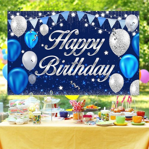 Happy Birthday Banner | Blue & Silver Party Decorations for Men, Women, Boys & Girls