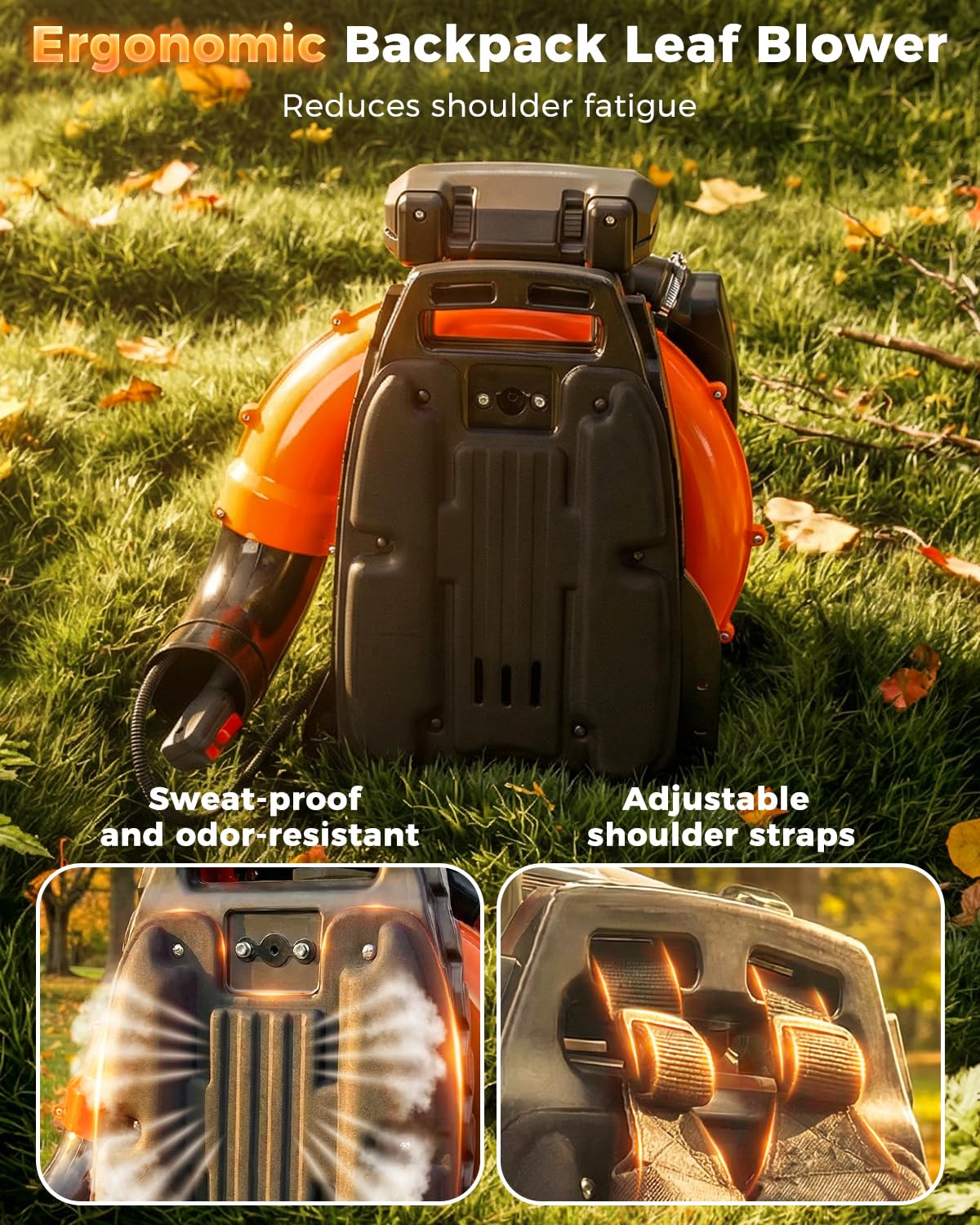 80cc Gas Backpack Leaf Blower, 900CFM 206MPH 2-Stroke Engine, Heavy-Duty Leaf & Snow Blower for Lawn, Garden & Commercial Use (Orange)
