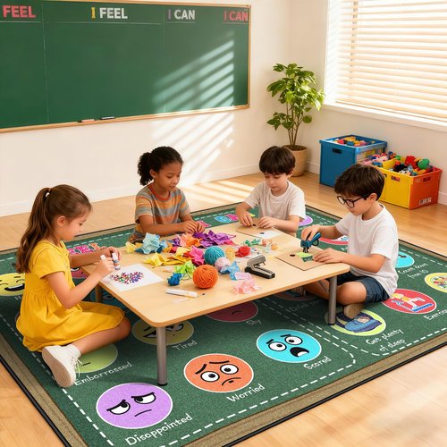 GRAMBET Classroom Rug Elementary 5x7ft for Playroom, Educational Smiley Face Kids Play Mat, Calming Corner Sensory Emotion Feelings Rug for Kids Room Nursery Bedroom, Non-Slip Washable(Green)
