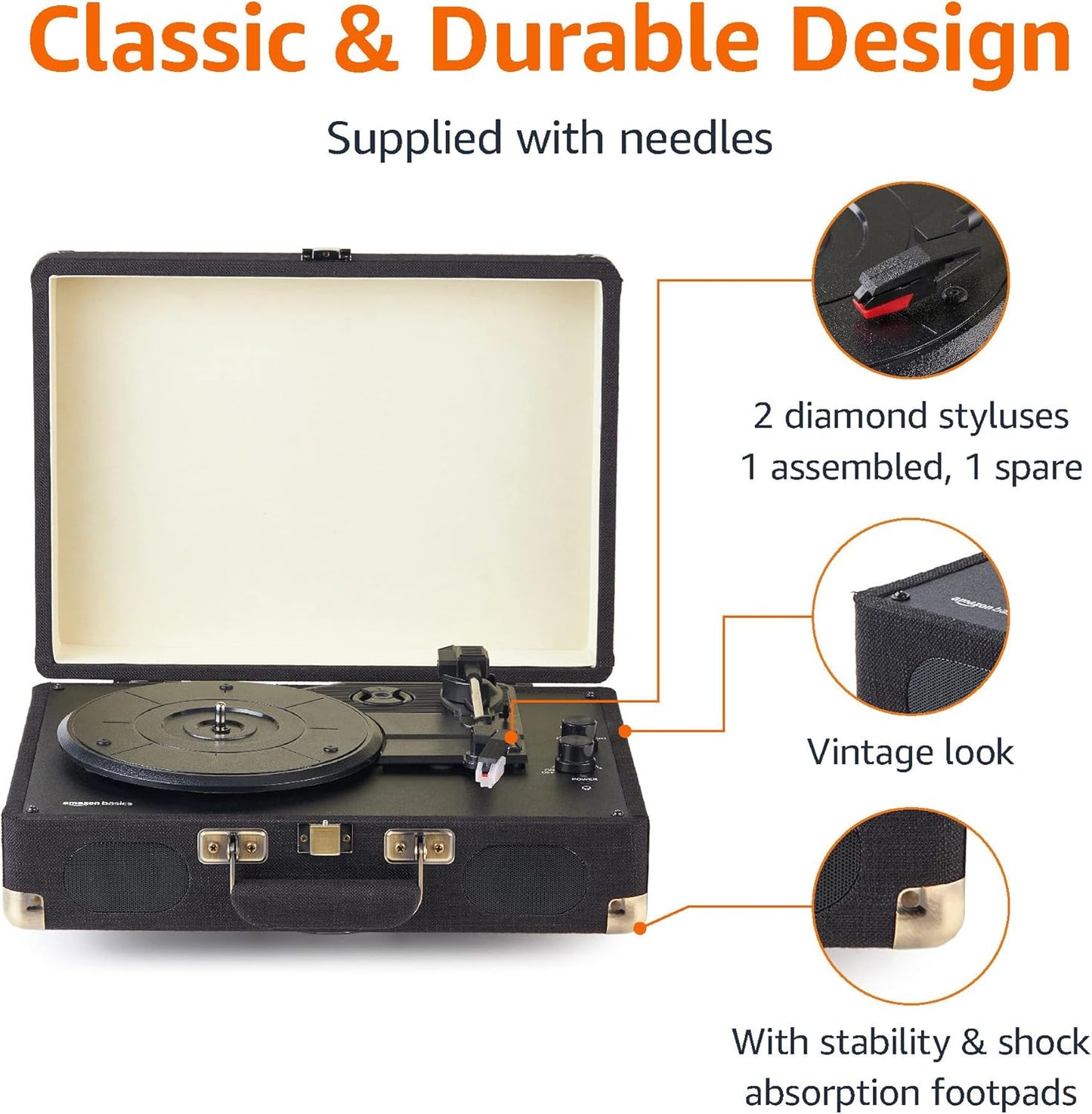 Amazon Basics 3-Speed, Portable Suitcase Vinyl Turntable Record Player with Built-in Stereo Speakers, Belt Drive