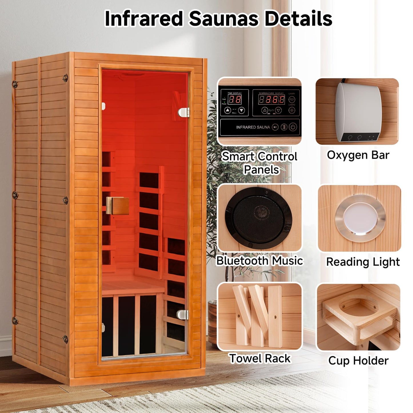 Real Relax Infrared Sauna with 660 & 850nm Red Light Therapy, Full Spectrum Sauna with 7 Heater, 1290w 120v, Fast Heat-Up, 1 Person Canadian Hemlock Wood Dry Sauna for Indoor, Home Gym, 31.5*30.3*67"