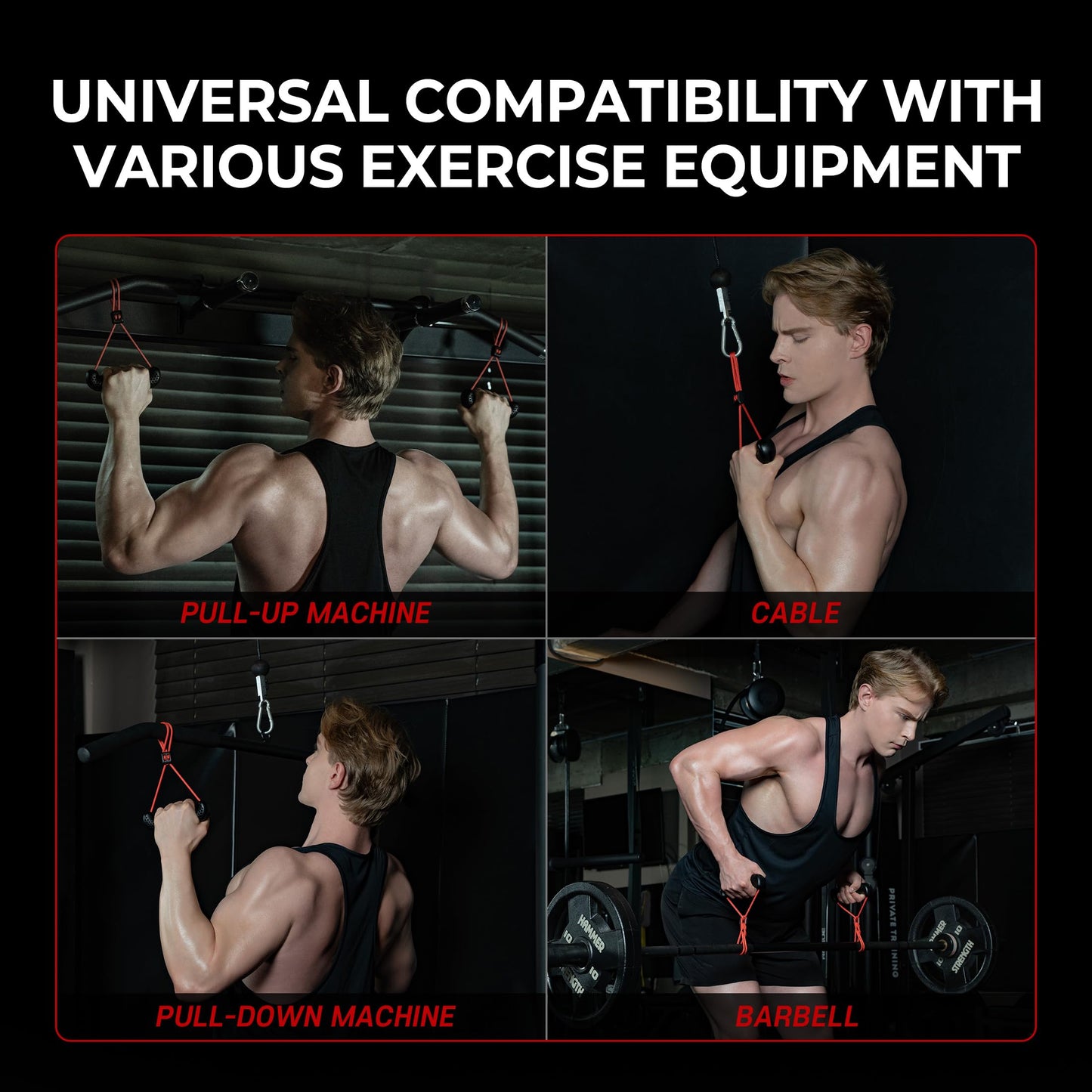 GD Fly Grip Pull Up Handles for Neutral Grip & LAT Pull Down Attachments – Perfect Grips for T-bar Row, D Handle Cable Attachment, Gym Equipment (Red Grip(Black Strap))