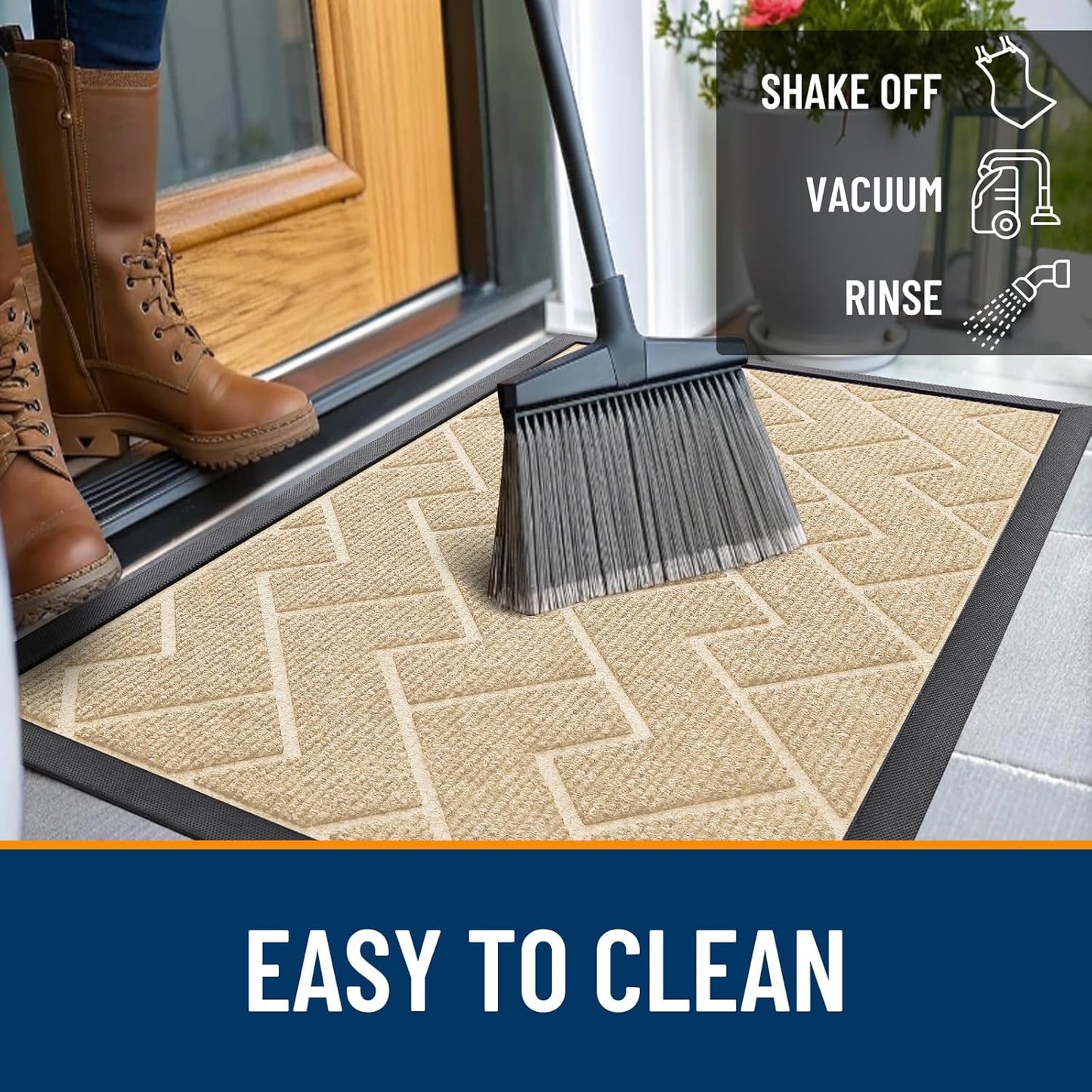 OLANLY Indoor Outdoor Front Door Mat - Waterproof All-Season Herringbone Doormat | Easy Clean, Beige 47x23