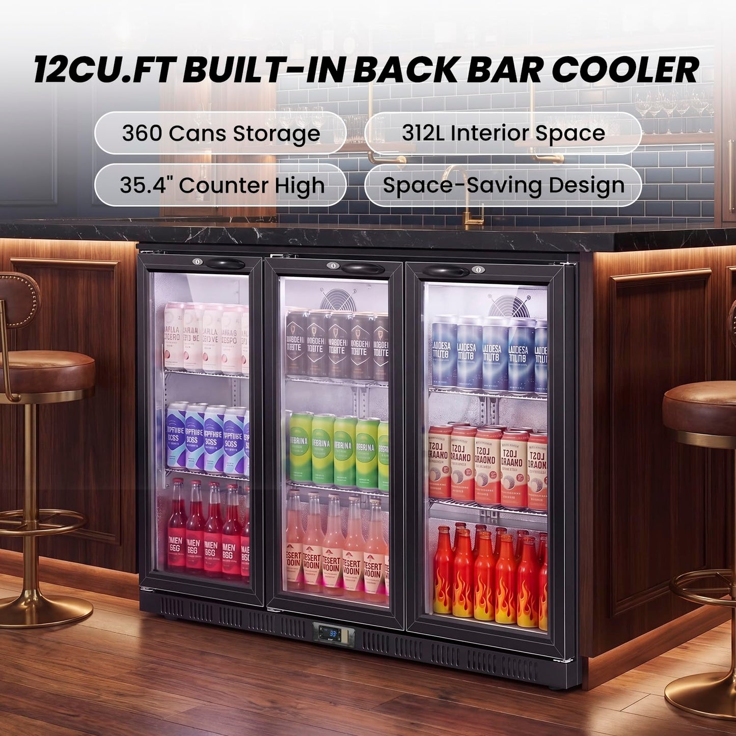 53.15" W Commercial Under Counter Beverage Refrigerator, 3 Glass Door Back Bar Cooler, Built-in/Freestanding 12Cuft Drink Fridge with LED Light, Auto Defrost, Low-E Glass & Safety Lock, Rebound door