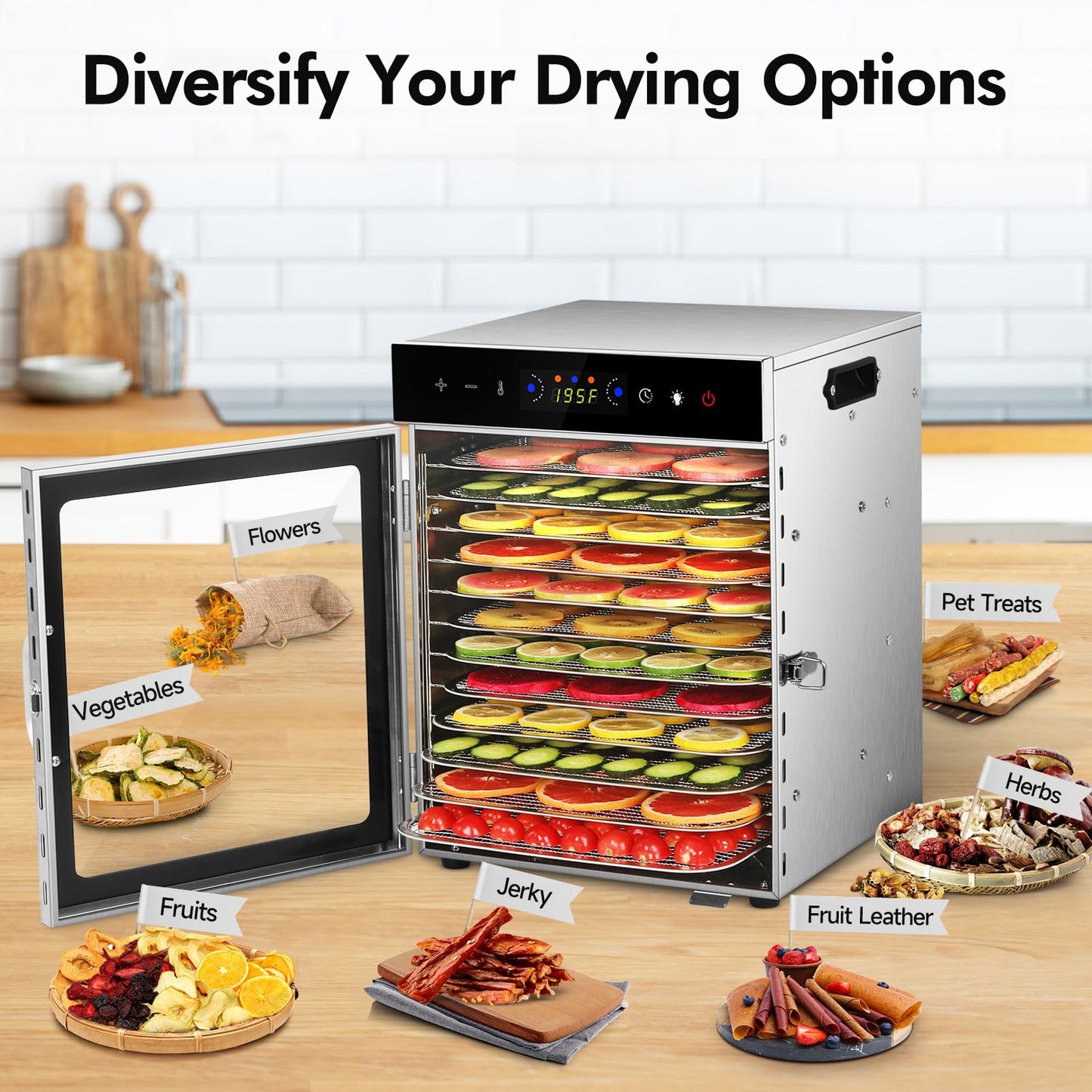 Food Dehydrator Machine 12 Stainless Steel Trays 1000W Meat Dehydrator for Home Use, 24H Timer & 195℉ Temperature Control Food Dryer for Jerky Fruit Herbs Mushroom Dog Treats