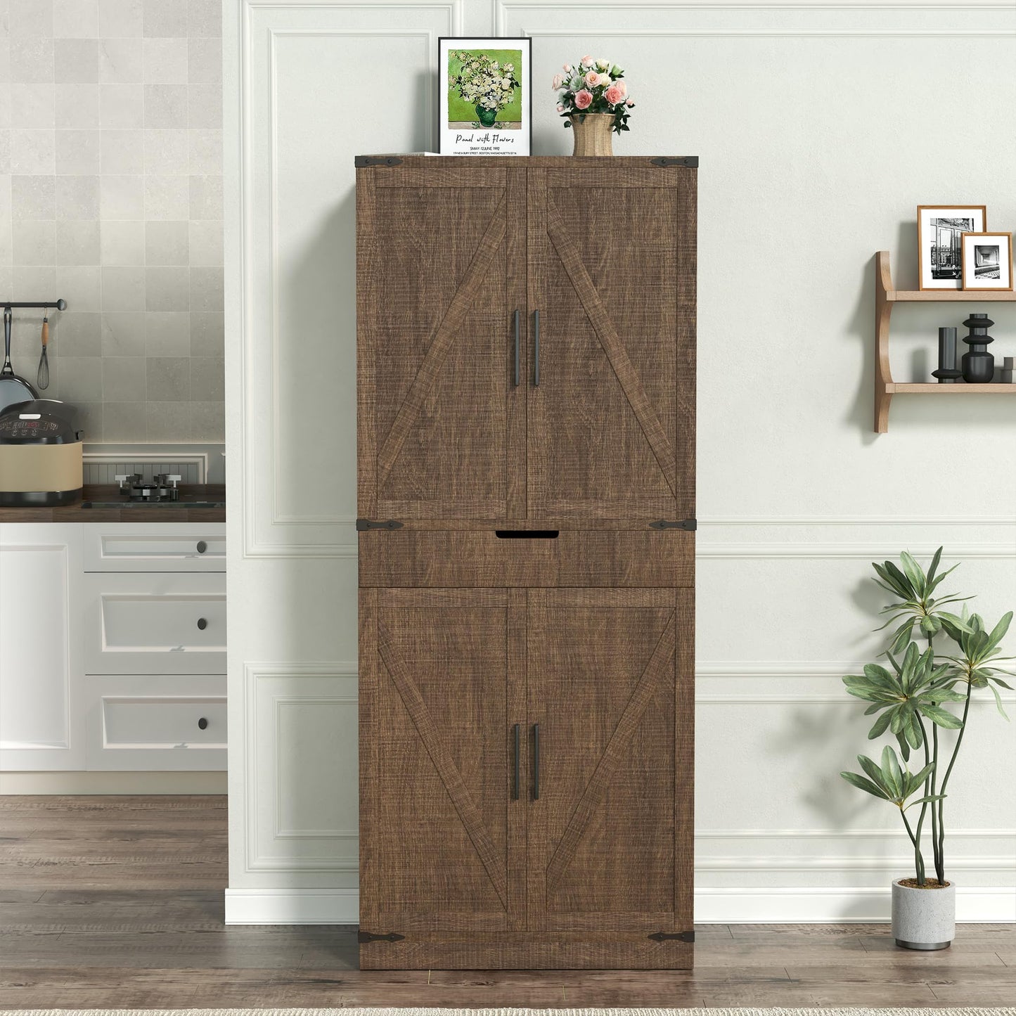 GRUSIGN 72" Kitchen Pantry Storage Cabinet with Doors and Shelves, Wood Farmhouse Pantry Storage with Barn Doors for Kitchen, Dining Room, Living Room, Dark Brown