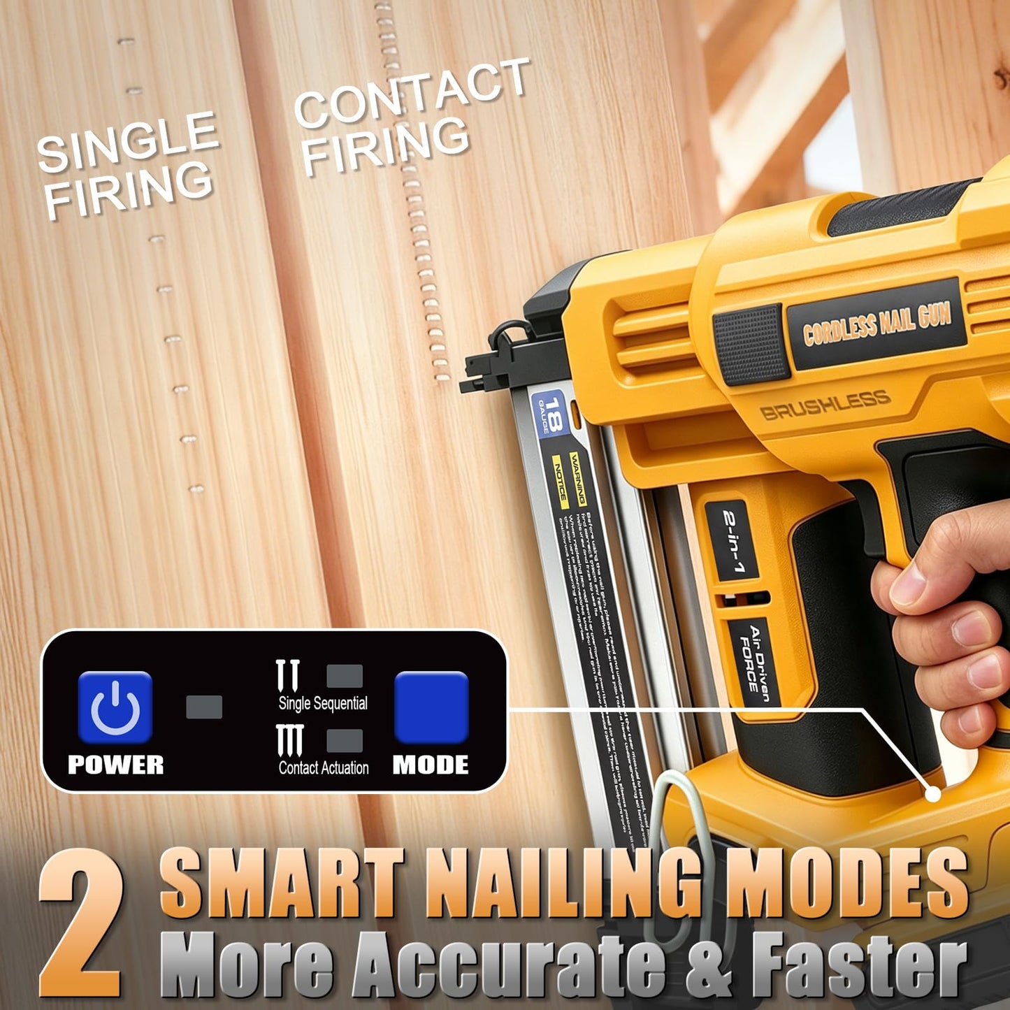 Cordless 2" Brad Nailer Compatible with DeWalt 20V Battery (No Battery), Heavy-Duty 2 IN 1 Electric Nail Gun/Staple Gun 18GA, Battery Powered Brad Nailer for Woodworking & Home Improvement, 6.68 LBS