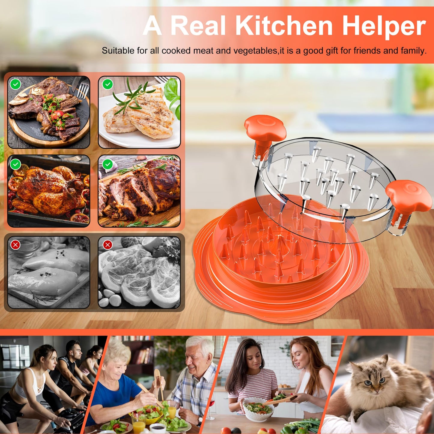 SURETIVIAN Chicken Shredder Tool Twist Large Chicken Breast Shredder with Brush&Fork, Visible Meat Shredder Machine, Anti-Slip Strip, Ergonomic Handle, BPA Free, Suitable for Pork Beef Chicken(Orange)