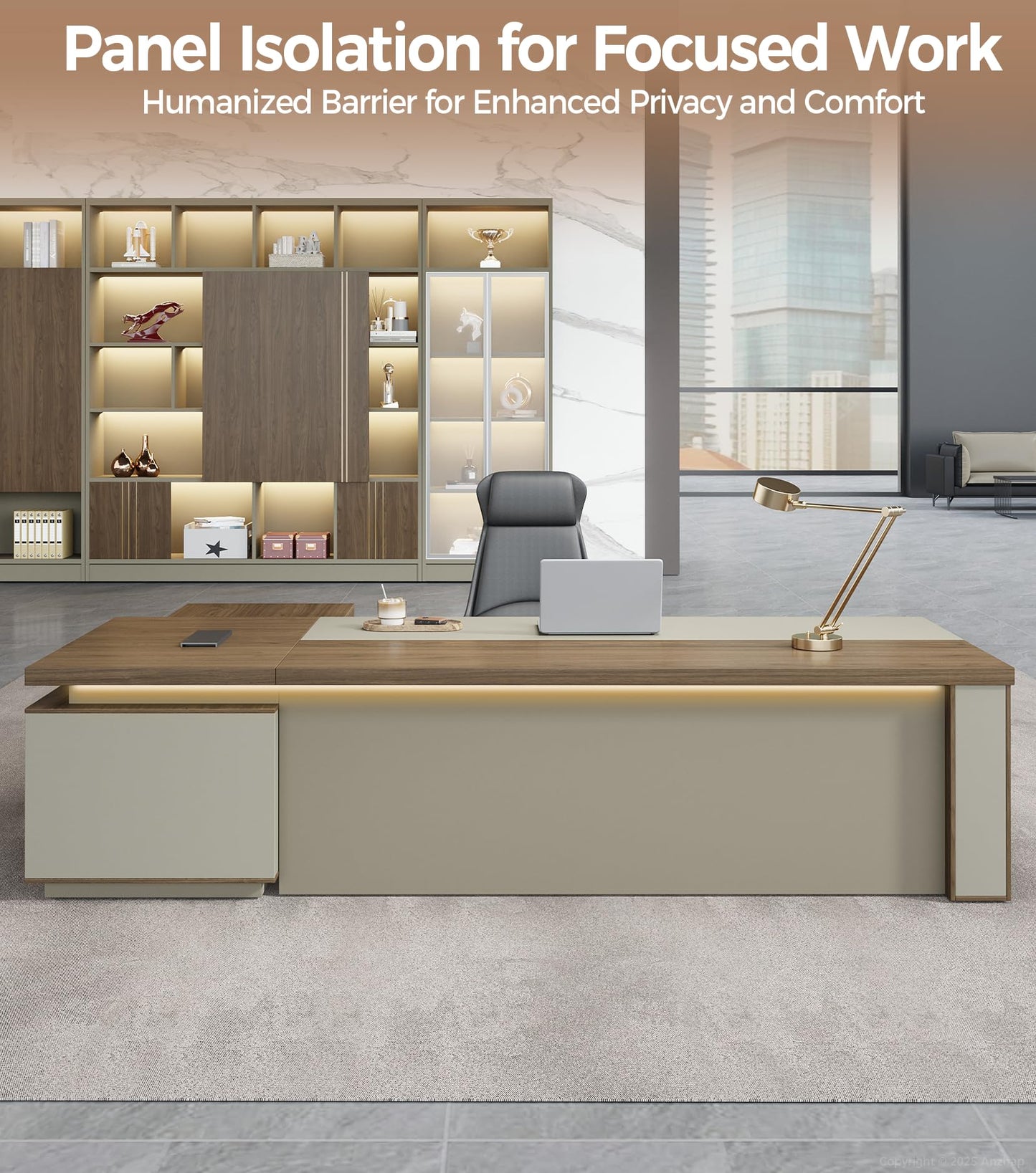 Anzhap 95" L-Shaped Executive Desk with Reversible Cabinets – Large Luxury Office Desk with Drawers, Open Storage Shelves, Built-in Power Outlets & LED Lighting for Home or Business