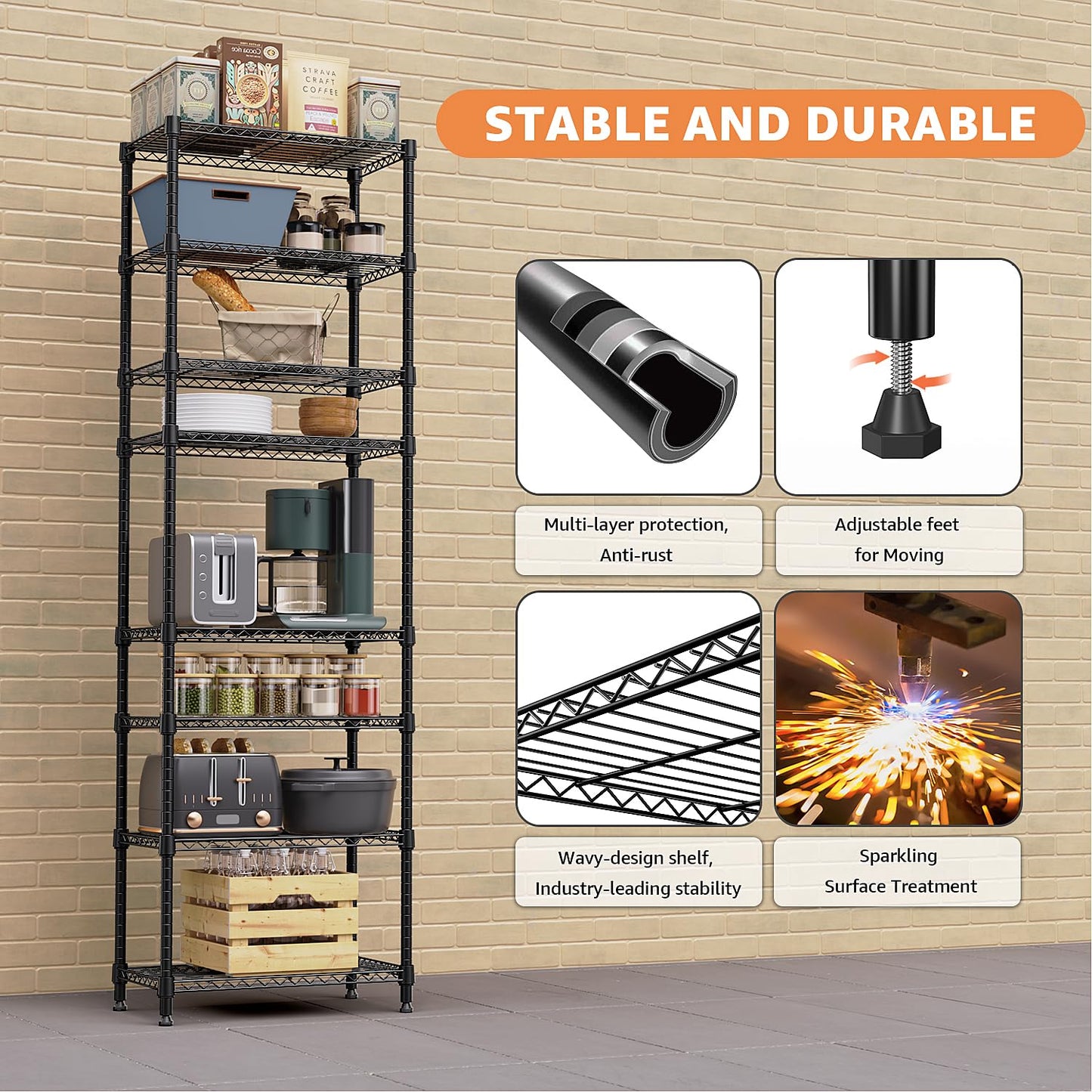 M MZG 8 Tier 2000 lbs Storage Rack Metal Wire Shelving Unit, Storage Standing Shelf Organizer for Laundry Bathroom Kitchen Pantry Closet Garage Basement Utility Room, Black 13.8" D x 23.6" W x 79.5" H