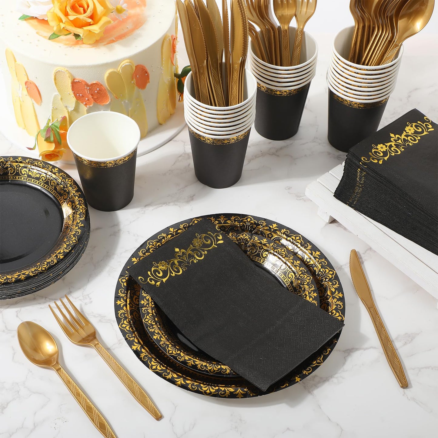Didaey 700 Pcs Disposable Dinnerware Set for 100 Guests Include 200 Paper Plates, 300 Plastic Silverware, 100 Paper Cups, 100 Napkins for Wedding Birthday Party Supplies(Black Gold Pattern)