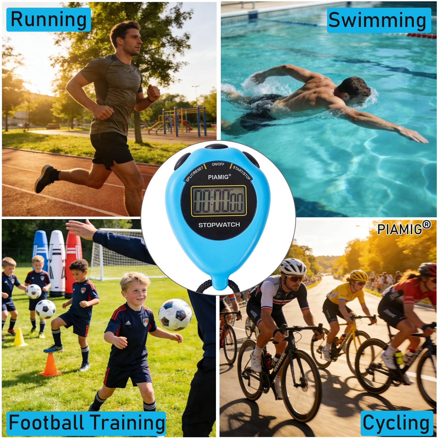 PIAMIG Simple Stopwatch Sport Timer Only Stopwatch Mode, 2 Pack Large Display Digital Stopwatch Timer with On/Off Function, No Alarm Silent Digital Stop Watch for Sports Kids Coaches (Blue)