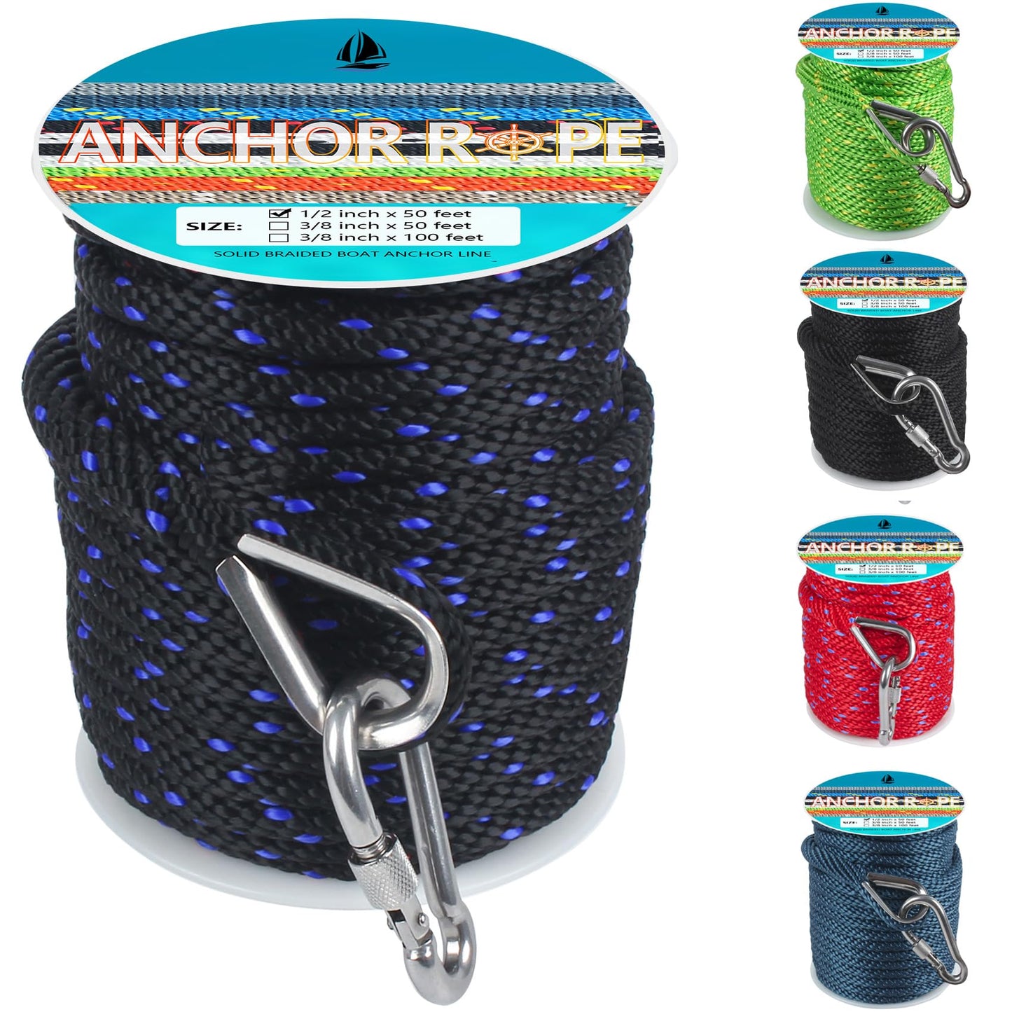 1/2 Inch 50 FT Anchor Rope, Boat Anchor Rope Solid Braid MFP, Anchor Line with 316 Stainless Steel Thimble and Snap Hook - Black & Lake Blue