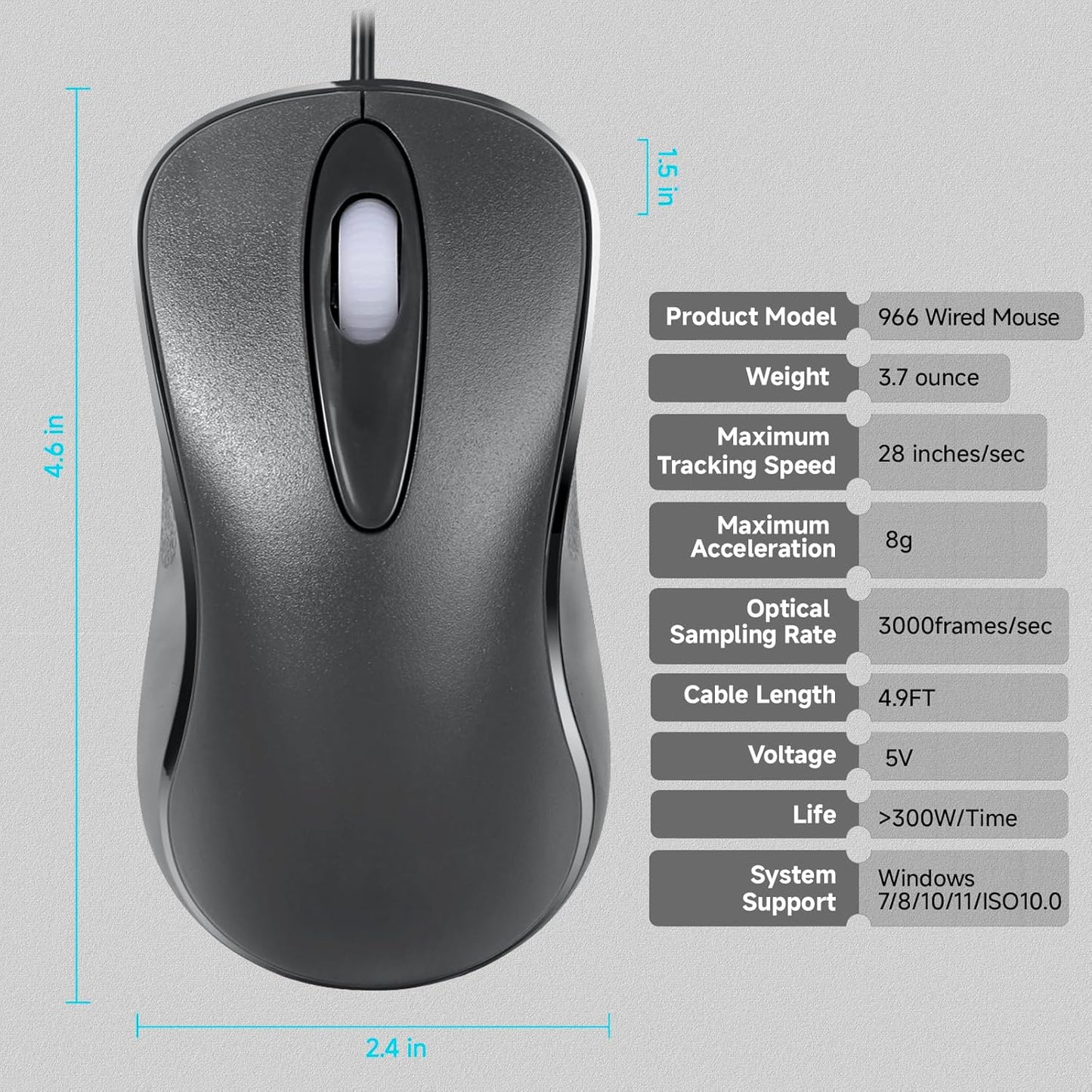 Mofkirg 3-Button 1000 (1) Classic Wired Office Mouse Ergonomic USB Optical DPI Comfortable Durable for Windows Mac