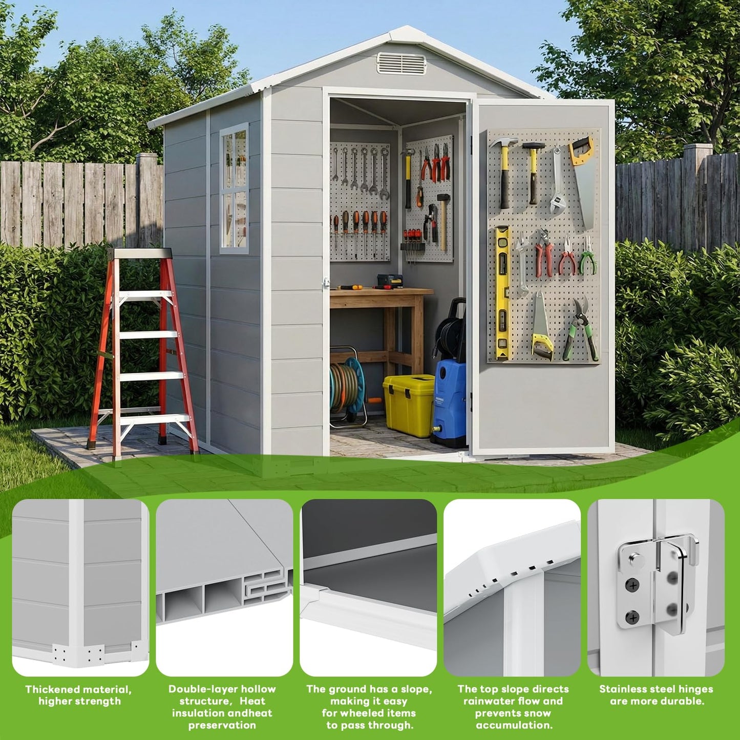 4x6 FT Outdoor Storage Shed with Floor & Window, All-Weather Resin Garden Tool Shed, Waterproof Plastic Garden Shed with Lockable Door, Vents & Roof Rainwater Drainage for Backyard, Garden, Poolside