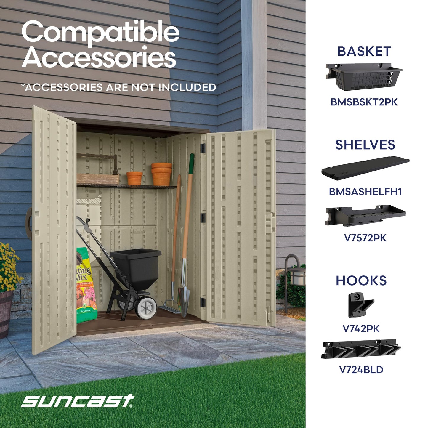 Suncast Outdoor Storage Shed, Water Resistant Resin Vertical Outdoor Storage Cabinet for Patio, Garden Tools, Cushions, & Equipment, Weatherproof Multi-Wall Design, 54 cu. ft., Made in USA