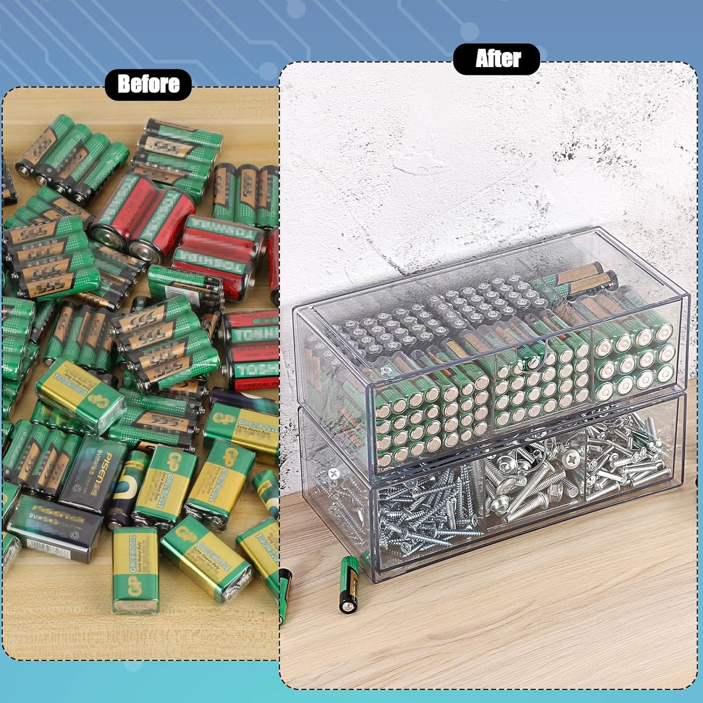 2 Pack 9V, 2-Drawer Common BTSKY Clear Acrylic Battery Storage Organizer for AA, AAA, C, D Batteries, Storage Box