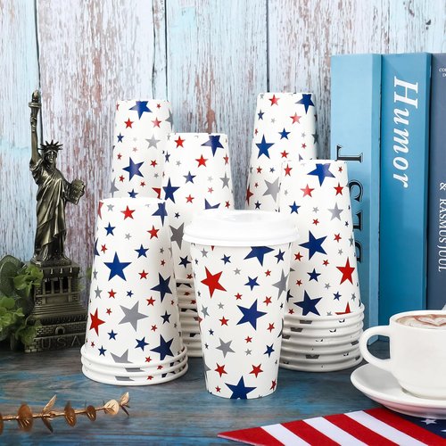 FYSUIMU 50-Pack Patriotic Disposable Coffee Cups - 16oz Red & Blue Star Design for 4th of July Celebrations