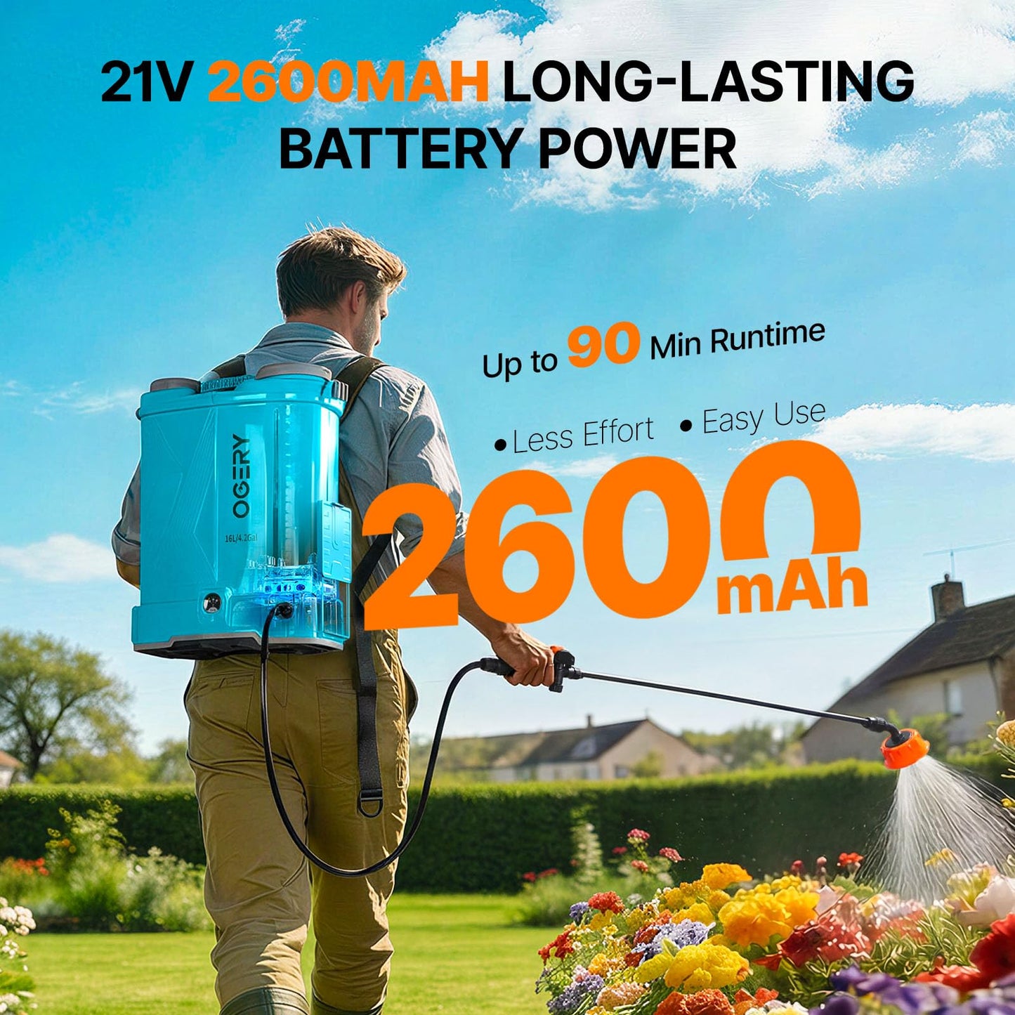 OGERY Battery Powered Backpack Sprayer 4 Gallon, 2.6Ah 21V Battery Electric Pump Sprayer with 6 Nozzles, Telescopic Stainless Steel + Plastic Wand for Lawn Garden Weed Yard Cleaning (Charger Included)