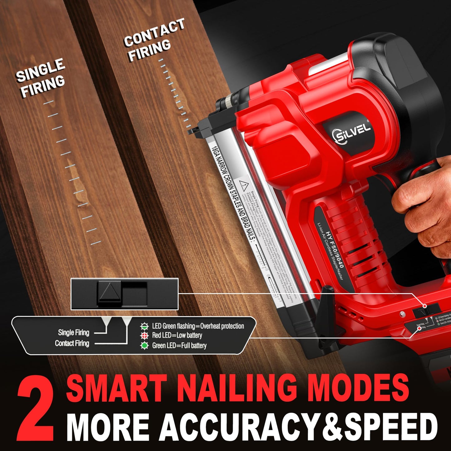 SILVEL 2" Cordless Brad Nailer, 2-in-1 21V Electric Brad Nailer with 2 * 2.0Ah Battery, 1000pcs Nails, 18GA Staples, Adjustable Depth for Woodworking, Home Improvement, Red