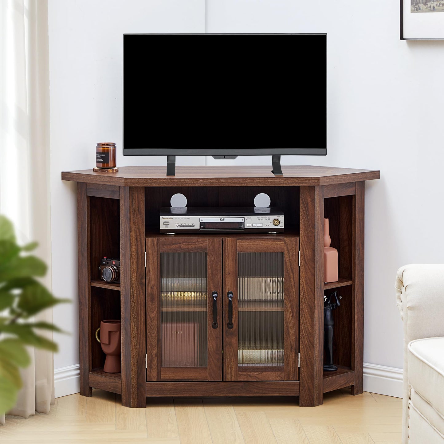 weselon Corner TV Stand for TVs up to 48 Inch, Media Entertainment Center with Storage Shelves and 2 Doors, Console Table Buffet Cabinet for Living Room Bedroom (Walnut)