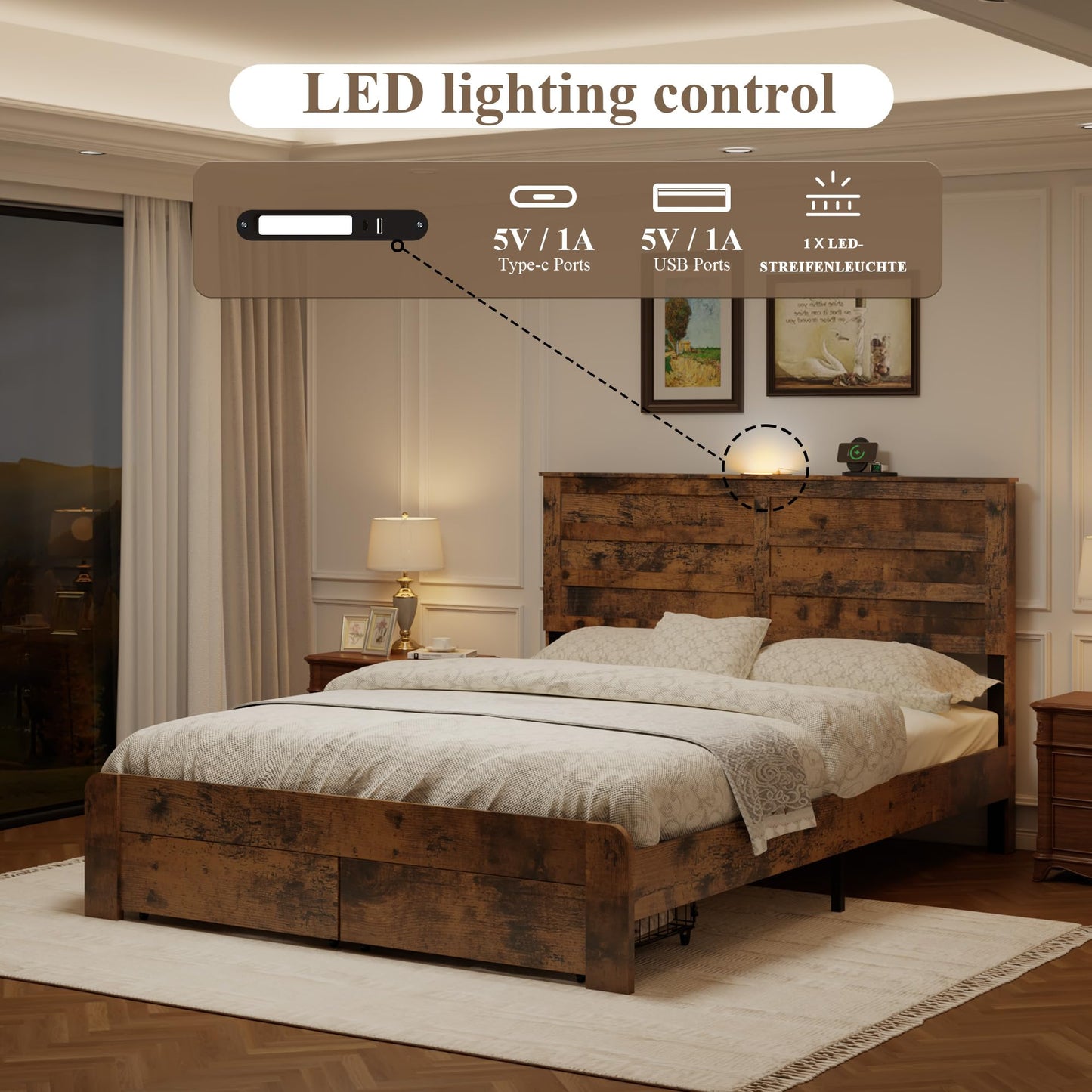GDFStudio Full Size Industrial Bed Frame with Storage Headboard, Wood & Metal Platform Bed, USB Charging Station, Noise-Free Support, Easy Assembly Bedroom Furniture, No Box Spring Needed