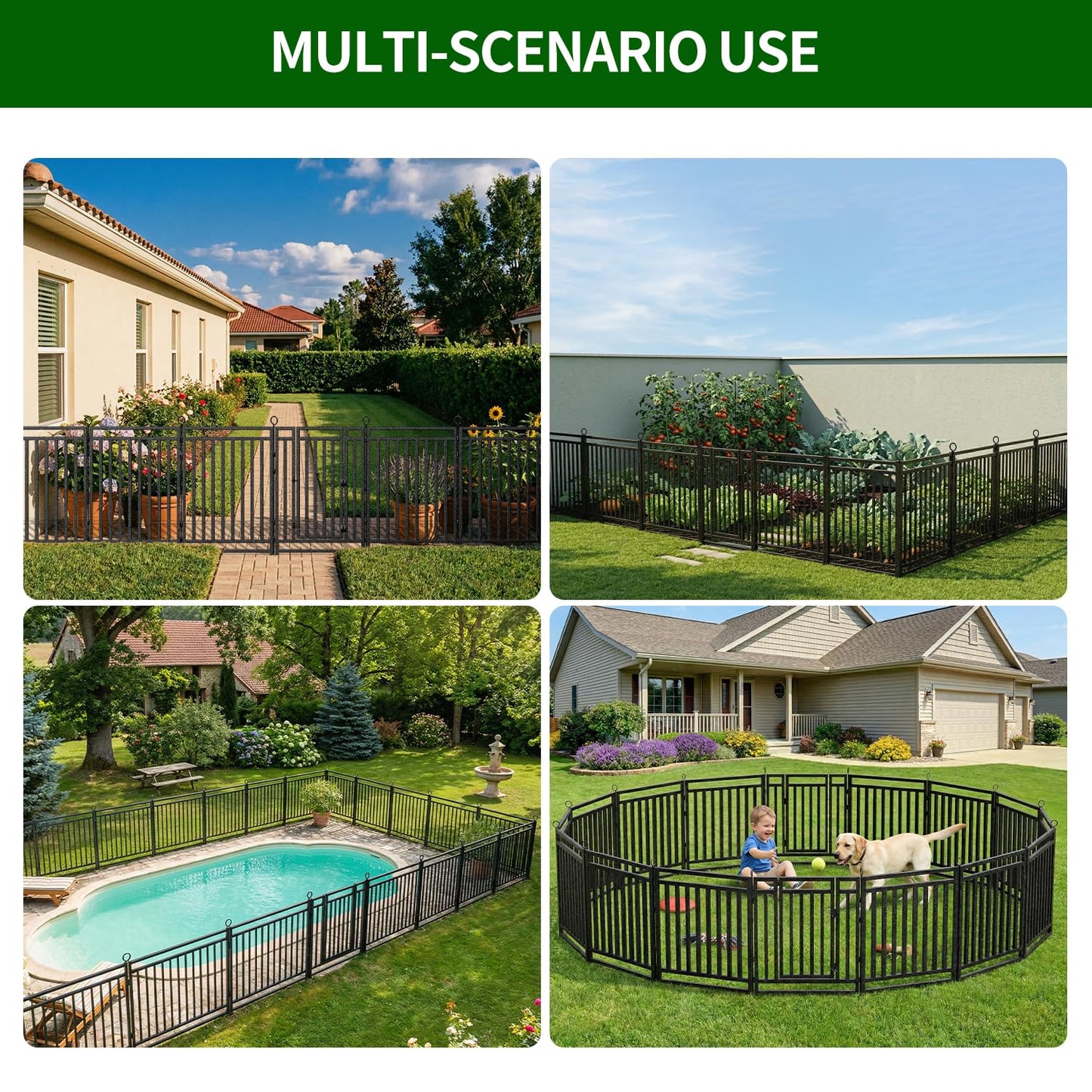 Decorative Garden Fence Metal Dog Fence Outdoor, 40in (H) x 90ft (L), 35 Panels + 5 Gates, Heavy Duty Garden Fencing Animal Barrier for Patio & Flower Bed, Black-Silver