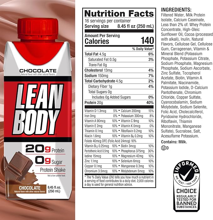 LABRADA NUTRITION - Lean Body RTD Whey Protein Shake, Convenient On-The-Go Meal Replacement Shake for Men & Women, 20 grams of Protein ??Zero Sugar, Lactose & Gluten Free, Chocolate (Pack of 16)