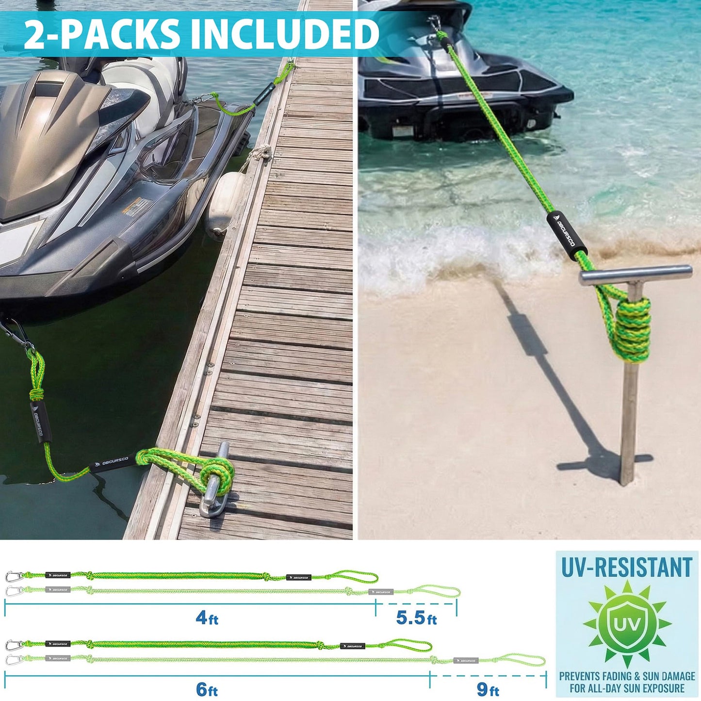 Obcursco Bungee Dock Lines for Boat, Docking Rope with 316 Stainless Steel Clips, Accessories for Jet Ski, PWC, SeaDoo, Pontoon, Center Console, Sets of Two(4ft & 6ft) (Green/Yellow)