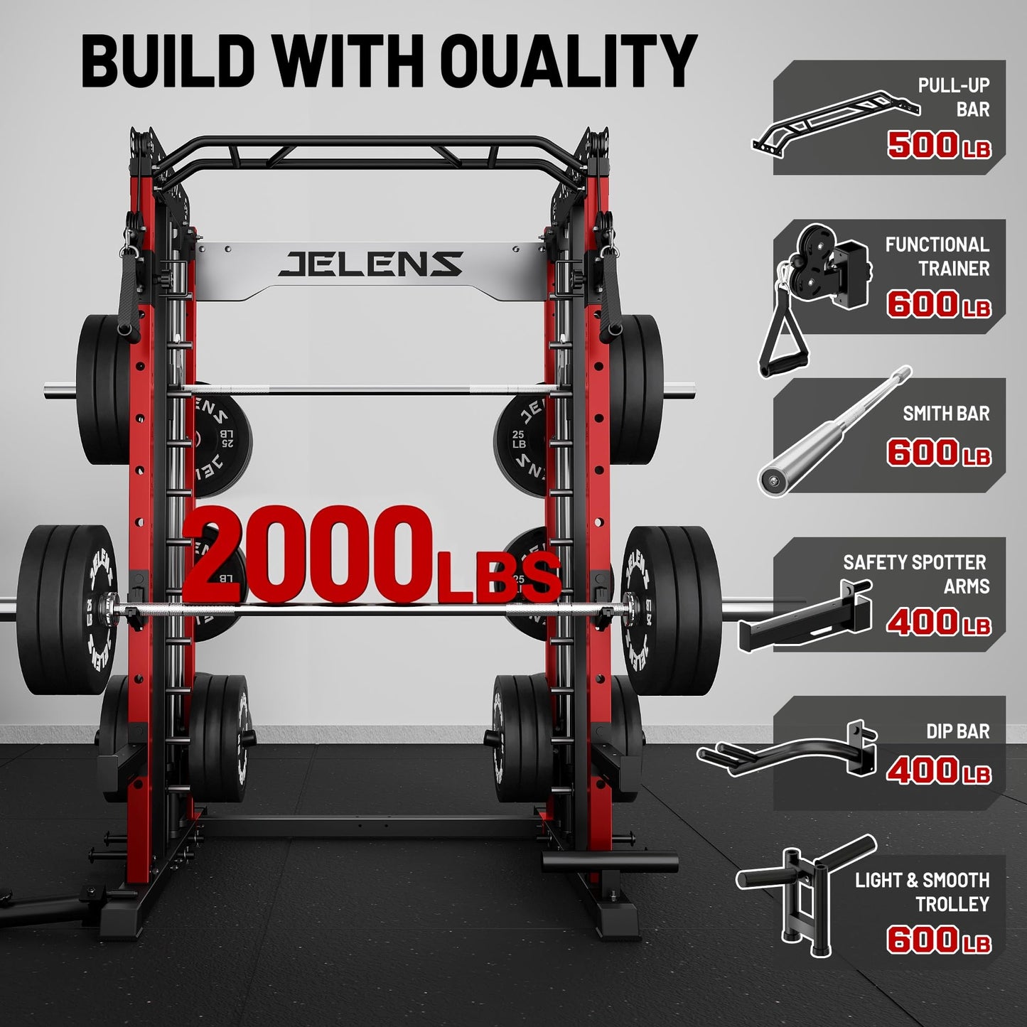 JELENS Smith Machine for Home Gym, Multi-Function M12 Power Cage, Squat Rack with Smith Bar and More Attachment (Red, Weight Bench Package)