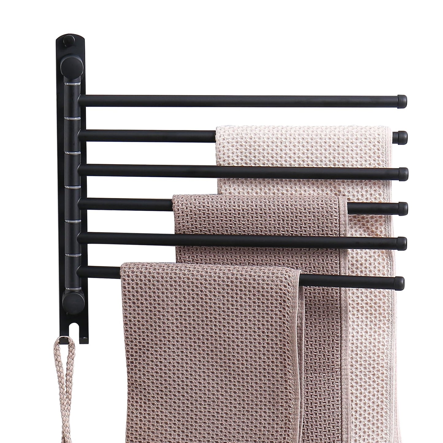 Swivel Towel Rack, 14" Thicken 304 Stainless Steel 6-Arm Adjustable Towel Bar,Wall Mounted Towel Holder with Hook, Space Saving for Kitchen, Bathroom, Outdoor (Black, 6 Arms)