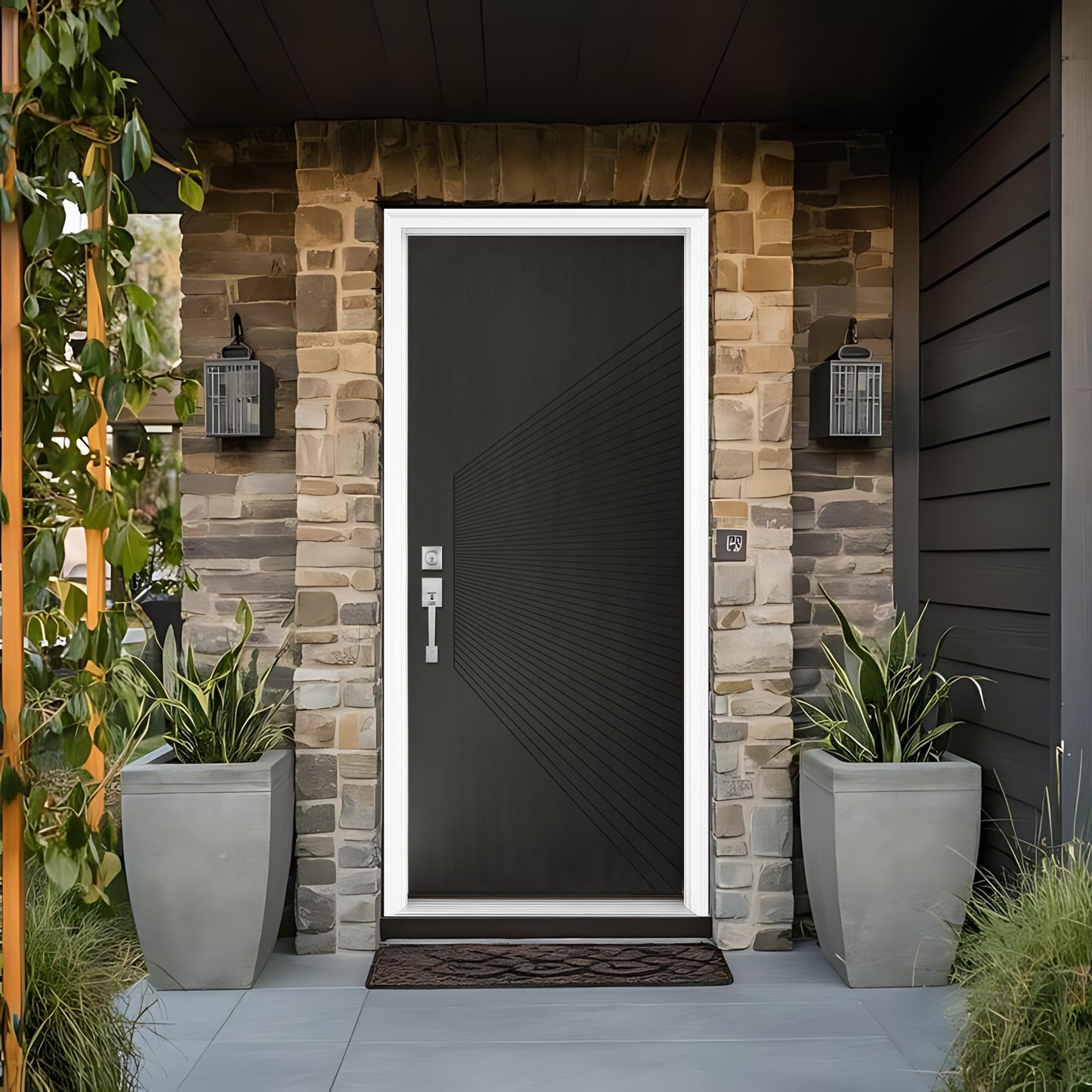 Exterior Fiberglass Door 36x80in Onyx Black, Metallic Look with Radiating Groove Design Front Entry Door Right-Hand Inswing, Textured Surface Knock-Down Door with Brickmould, Vinyl Frame