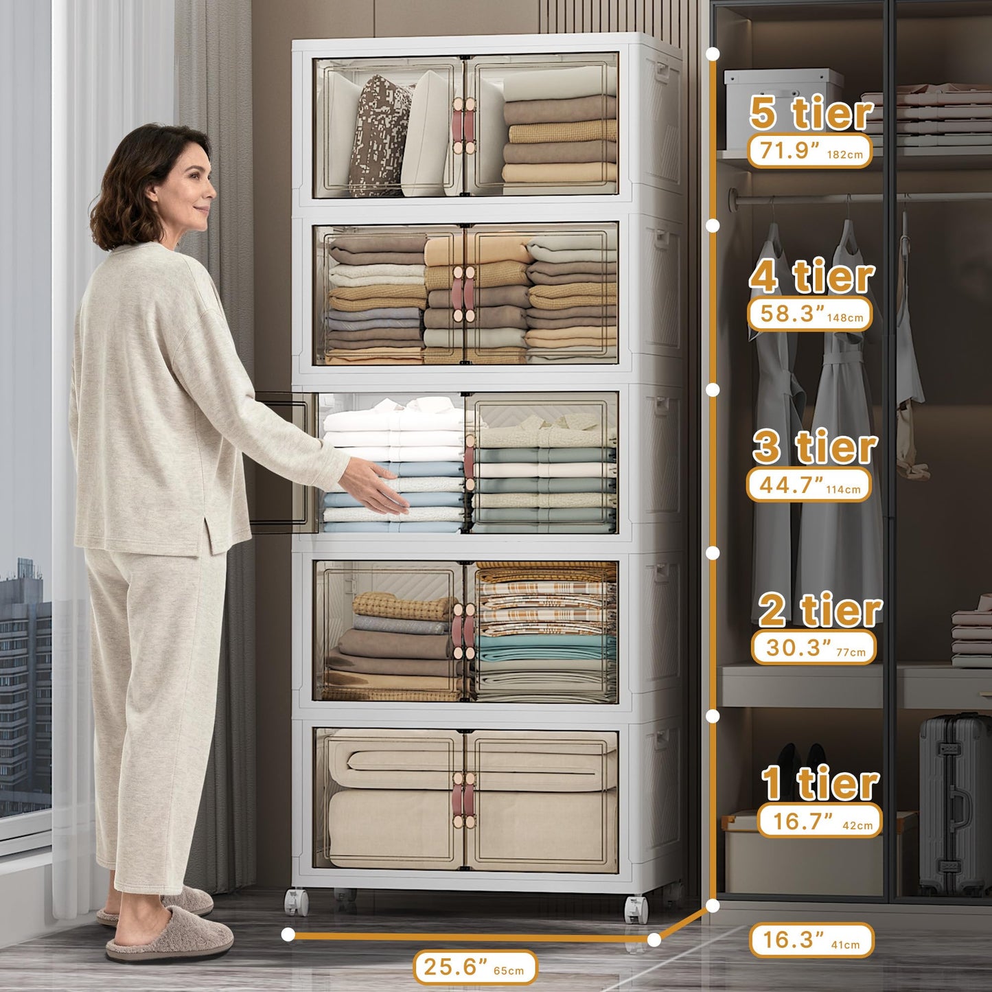 UAMFURI Stackable Storage Bins with Lids, 560QT Closet Organizers and Storage with Doors and Wheels, Extra Large Storage Cabinet, Collapsible Plastic Drawers for Bedroom Dorm Office Garage
