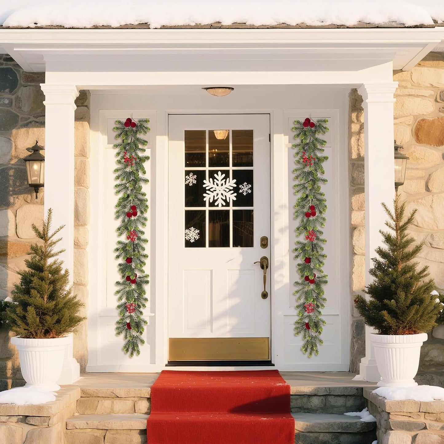 SY Super Bang 6FT Christmas Garland - Artificial Green Decor with Velvet Balls & Red Berries for Holiday Cheer
